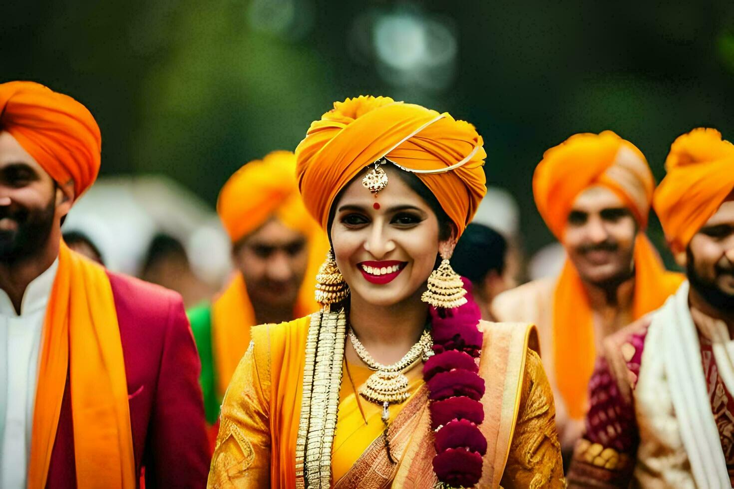 a bride and groom in traditional indian attire. AI-Generated photo