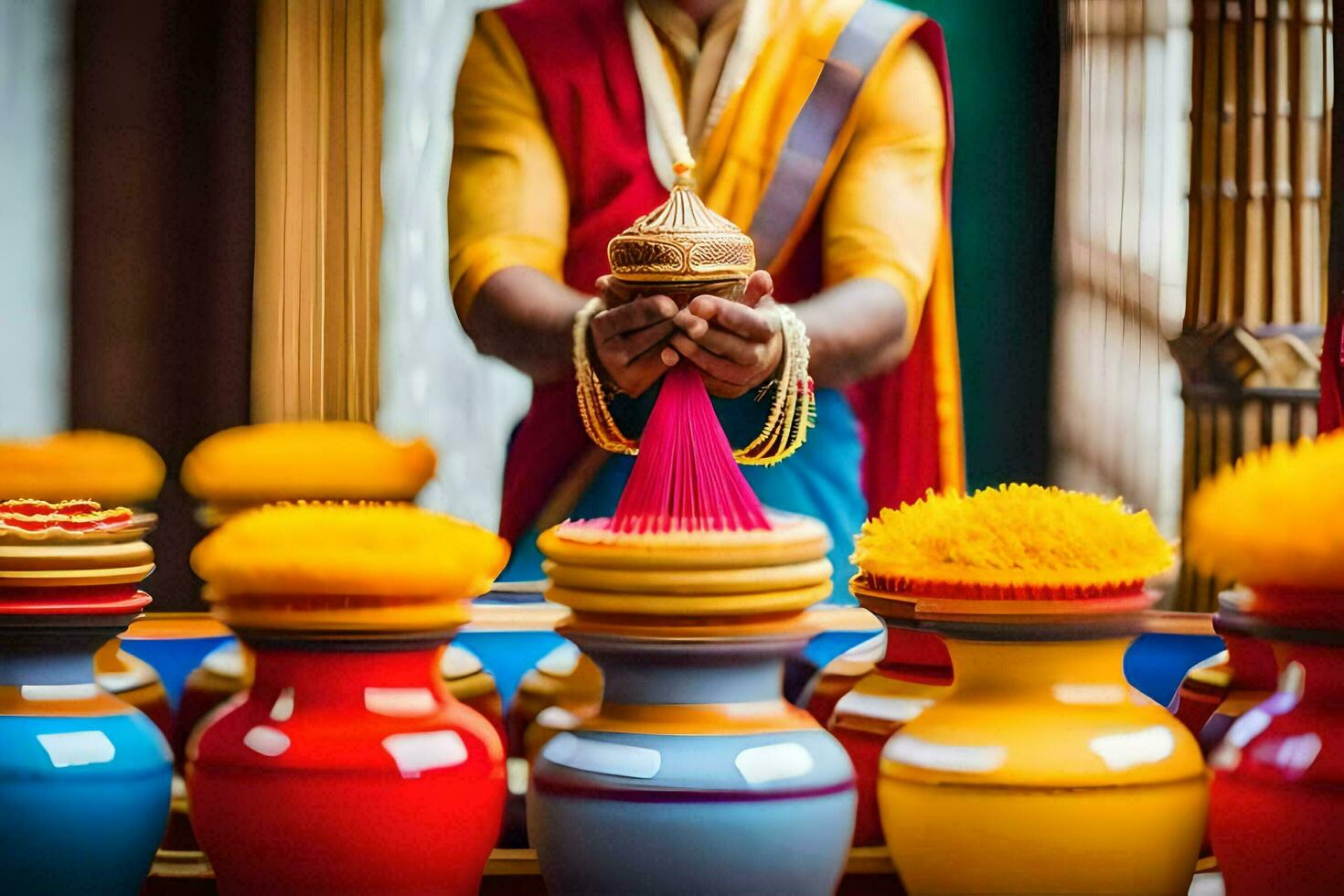 a man is holding a colorful pot with a yellow ribbon. AI-Generated photo