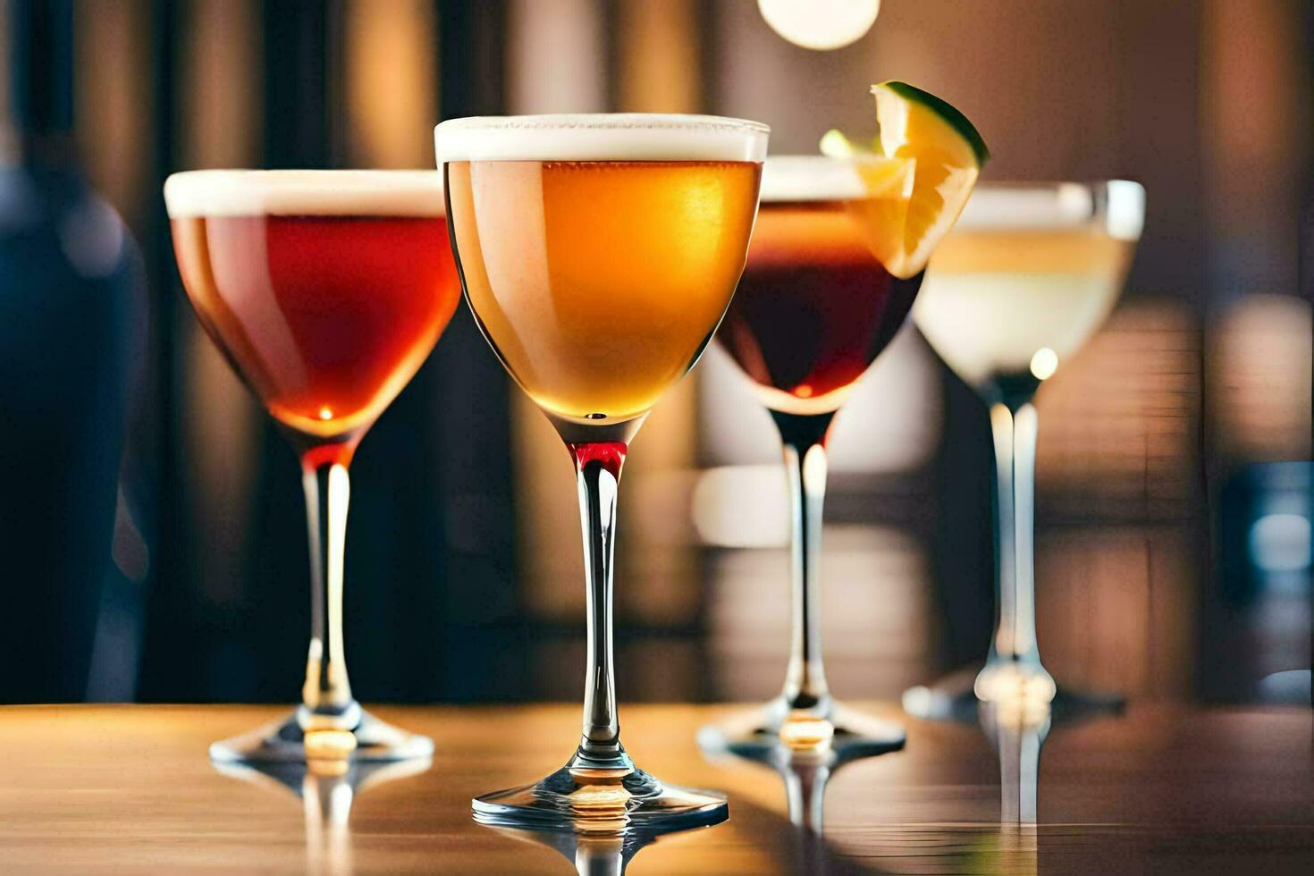 four different types of alcoholic drinks in glasses. AI-Generated photo