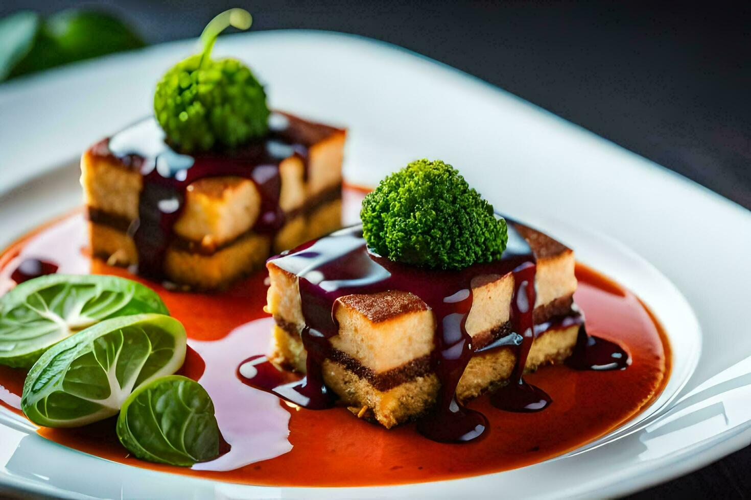 two pieces of cake with sauce on them. AI-Generated photo