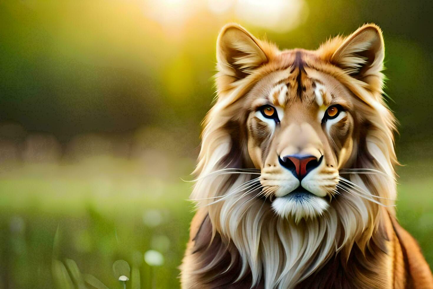 a lion is standing in the grass with the sun in the background. AI-Generated photo