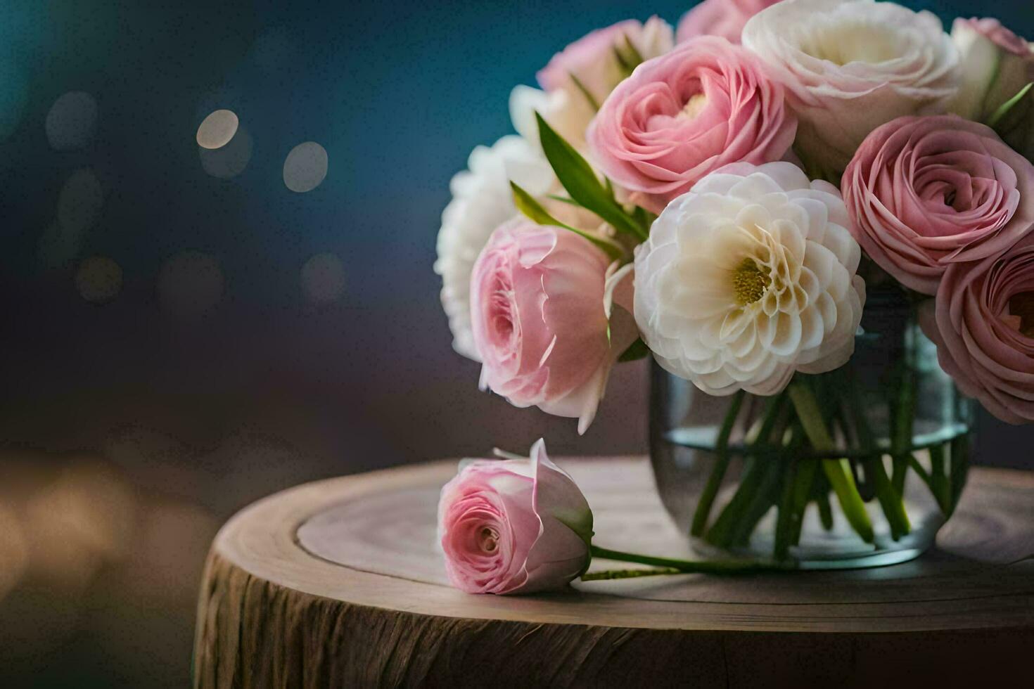 pink and white flowers in a vase on a table. AI-Generated photo