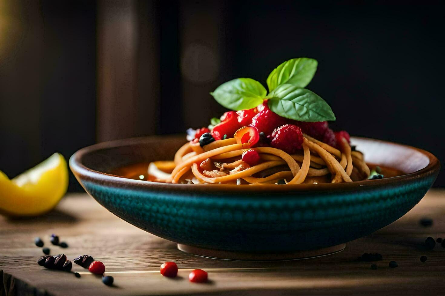 a bowl of pasta with berries and basil. AI-Generated photo