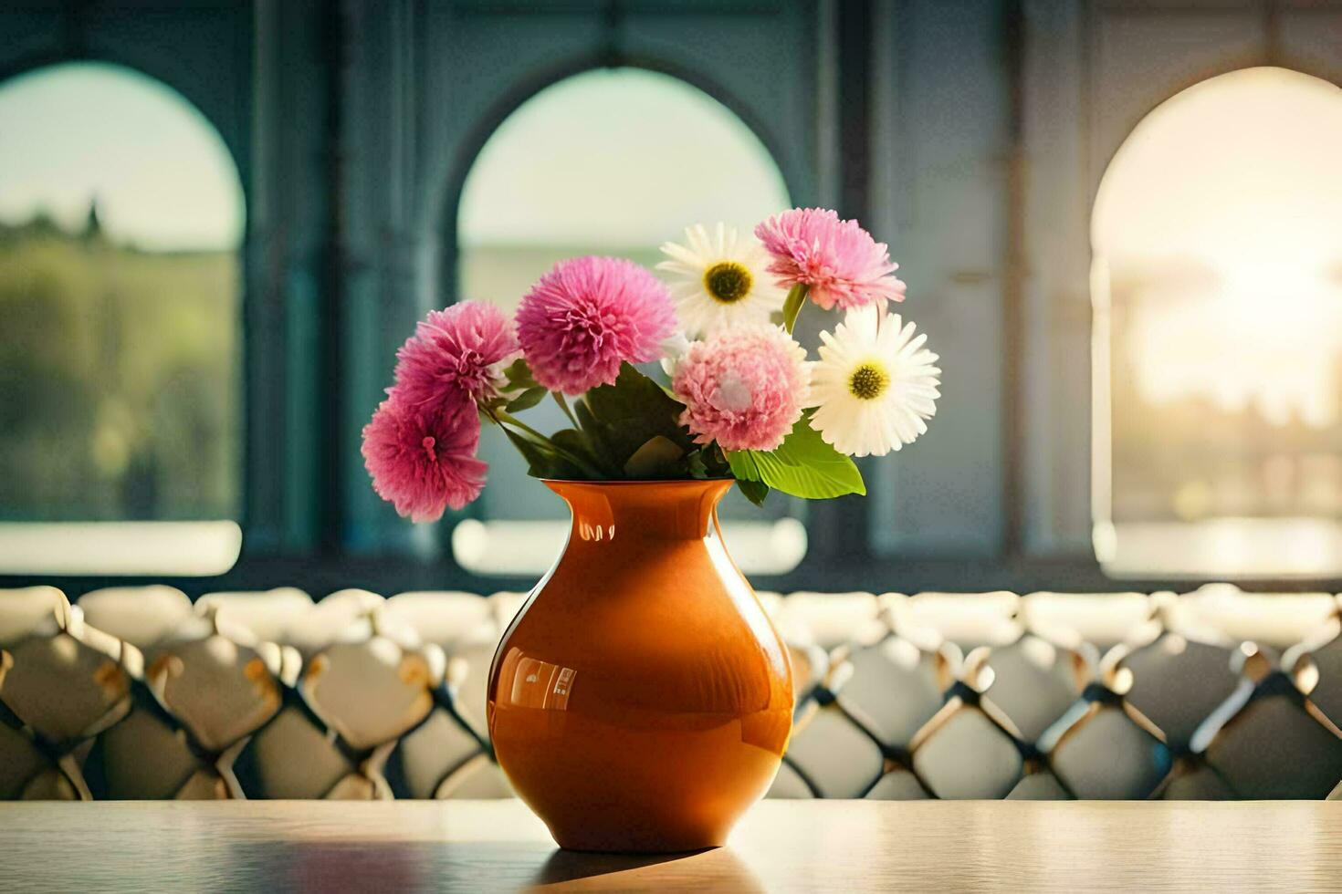 a vase with flowers sitting on a table. AI-Generated photo