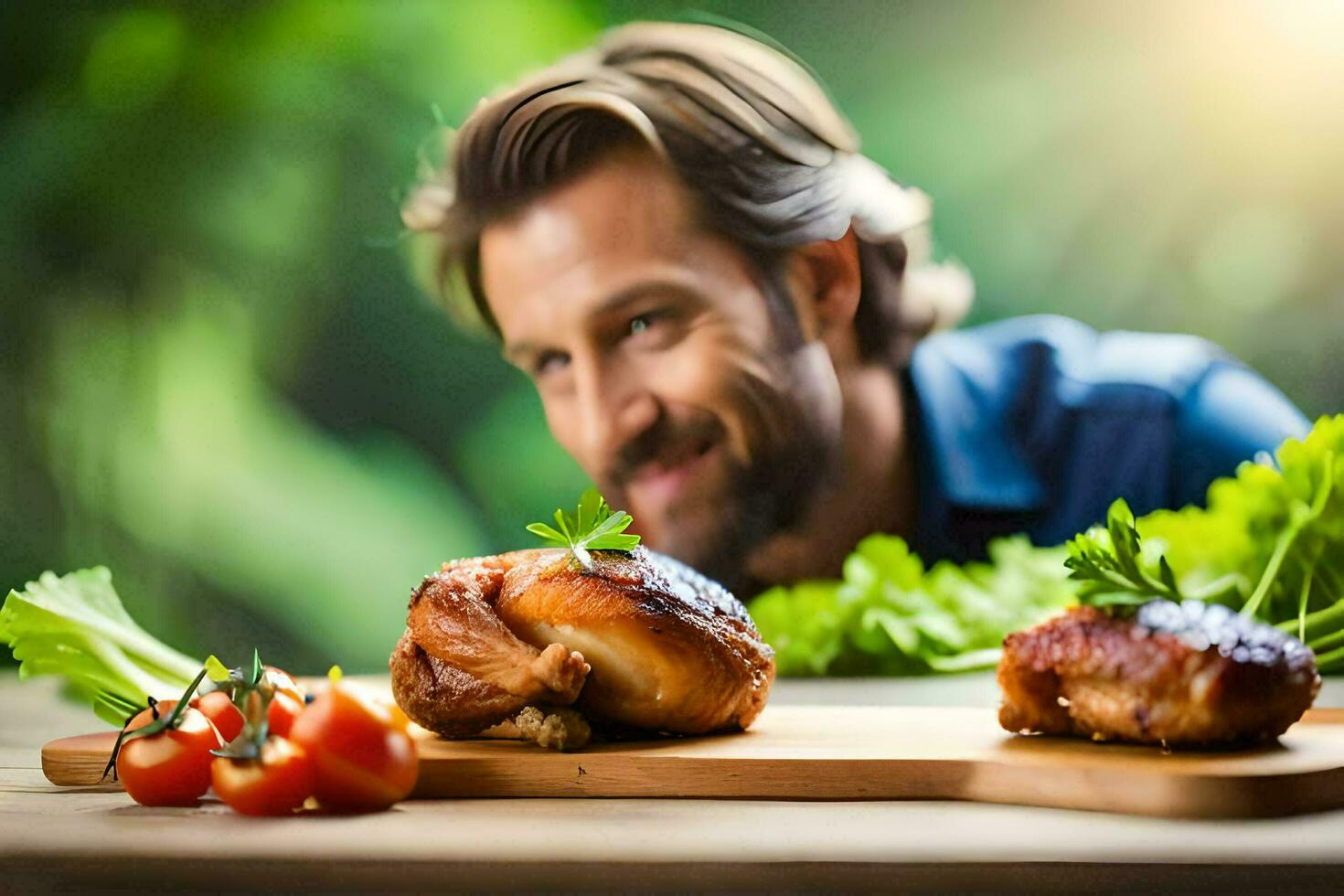 a man is smiling while sitting in front of two chicken wings. AI-Generated photo