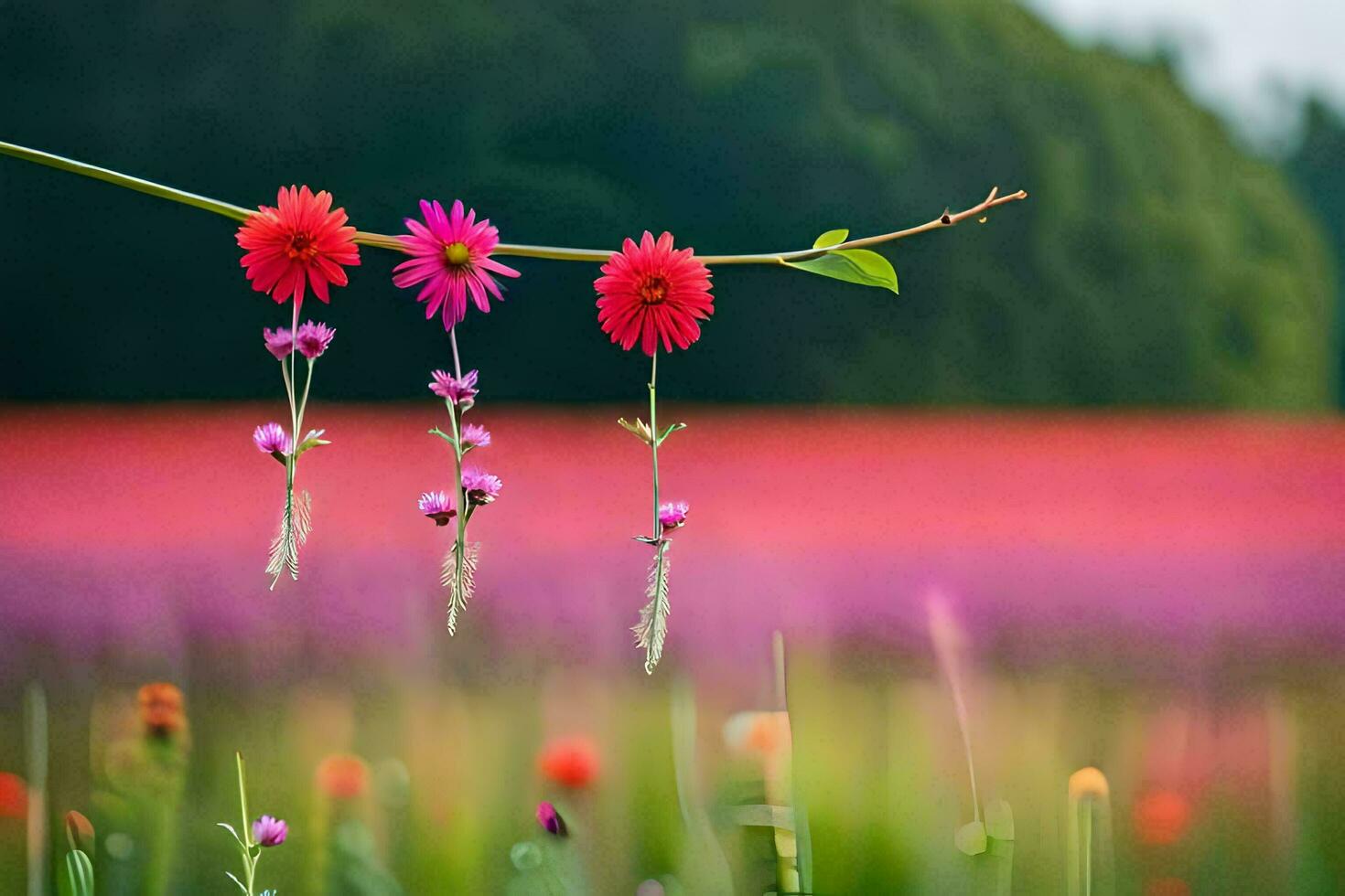 flowers hanging from a branch in a field. AI-Generated photo