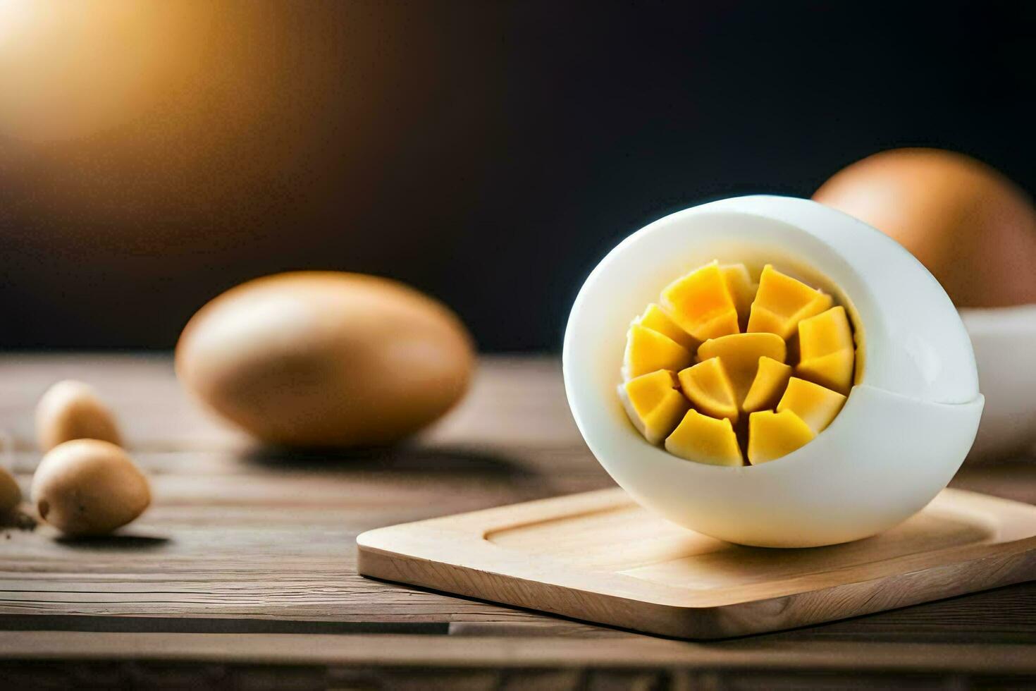 an egg with sliced mango on top. AI-Generated photo