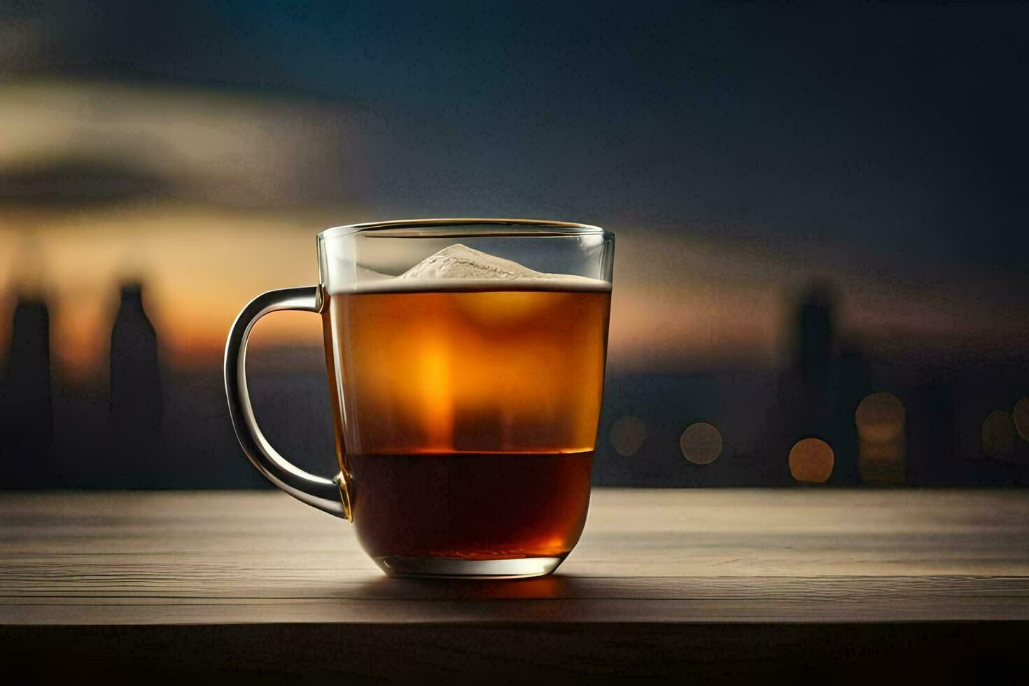 un vaso de té en un mesa en frente de un ciudad horizonte. generado por ai foto