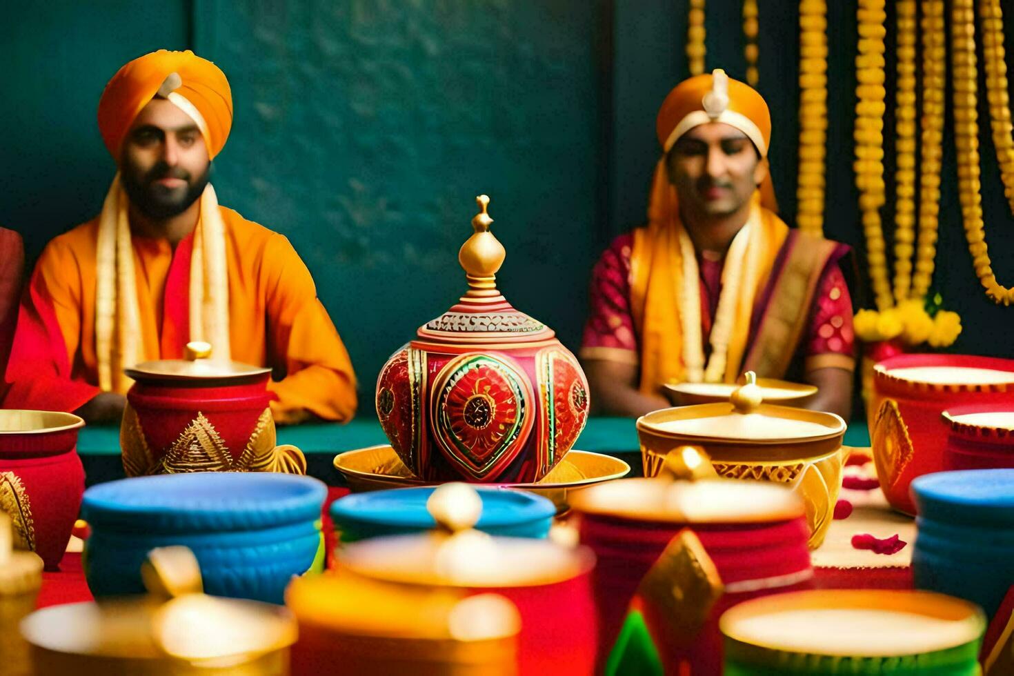 two men in turbans sitting at a table with colorful cups. AI-Generated photo