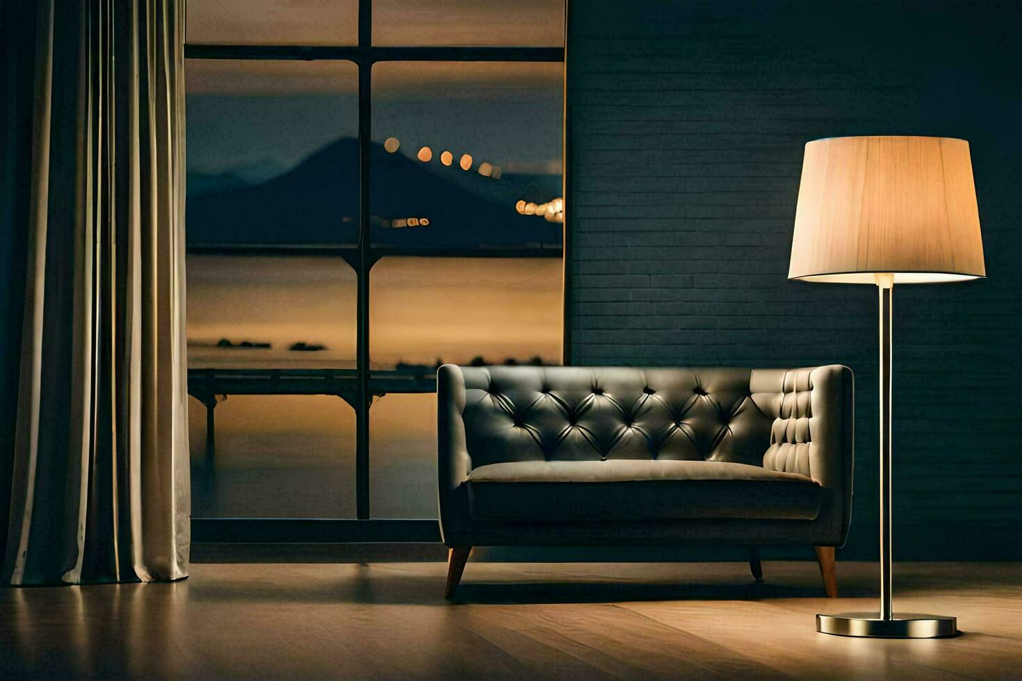 a leather couch and lamp in a room with a view. AI-Generated photo