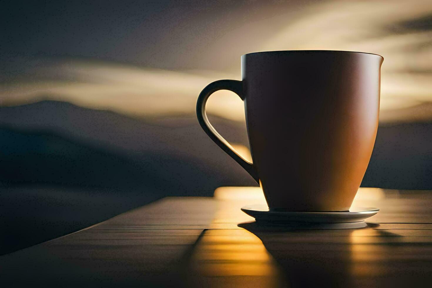 un café taza se sienta en un mesa en frente de un montaña. generado por ai foto