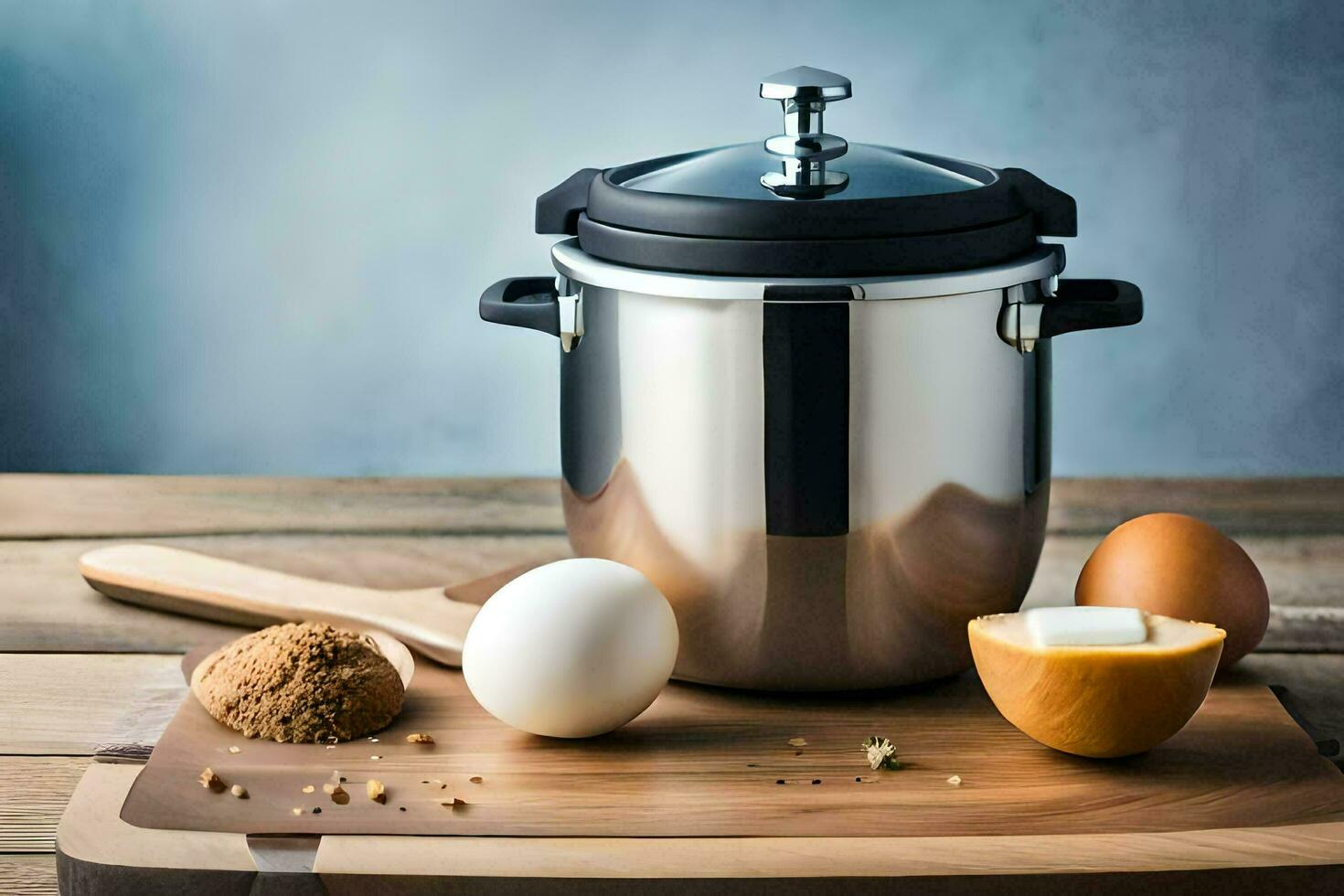 a stainless steel pressure cooker with eggs, sugar and spices. AI-Generated photo