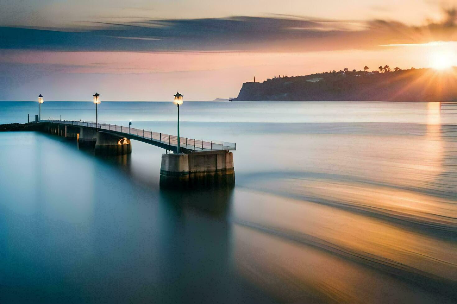 un largo exposición fotografía de un muelle a puesta de sol. generado por ai foto