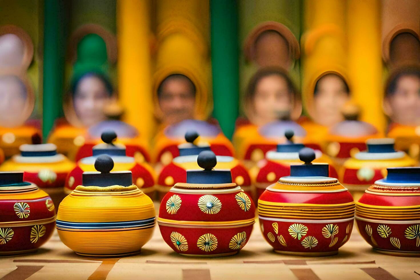 colorful pots with faces on them sit on a table. AI-Generated photo