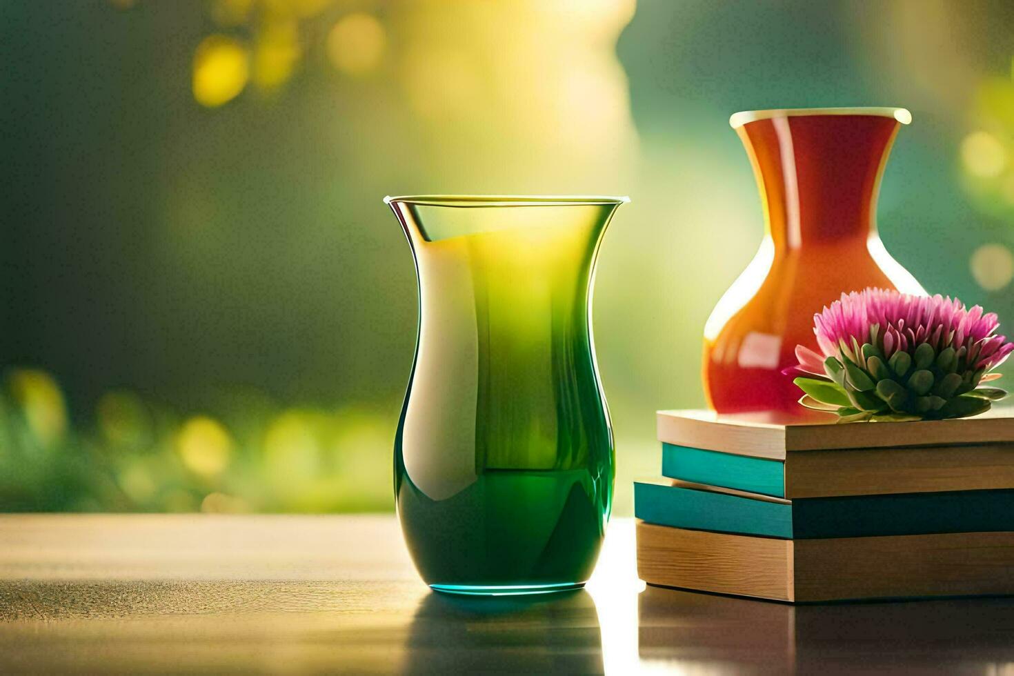 a vase and books on a table. AI-Generated photo