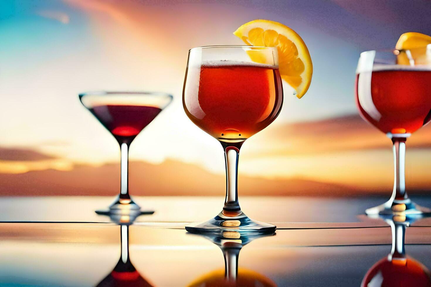 three glasses of wine with a sunset in the background. AI-Generated photo