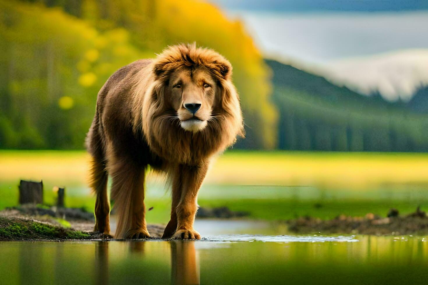 un león en pie en el agua cerca un herboso campo. generado por ai foto