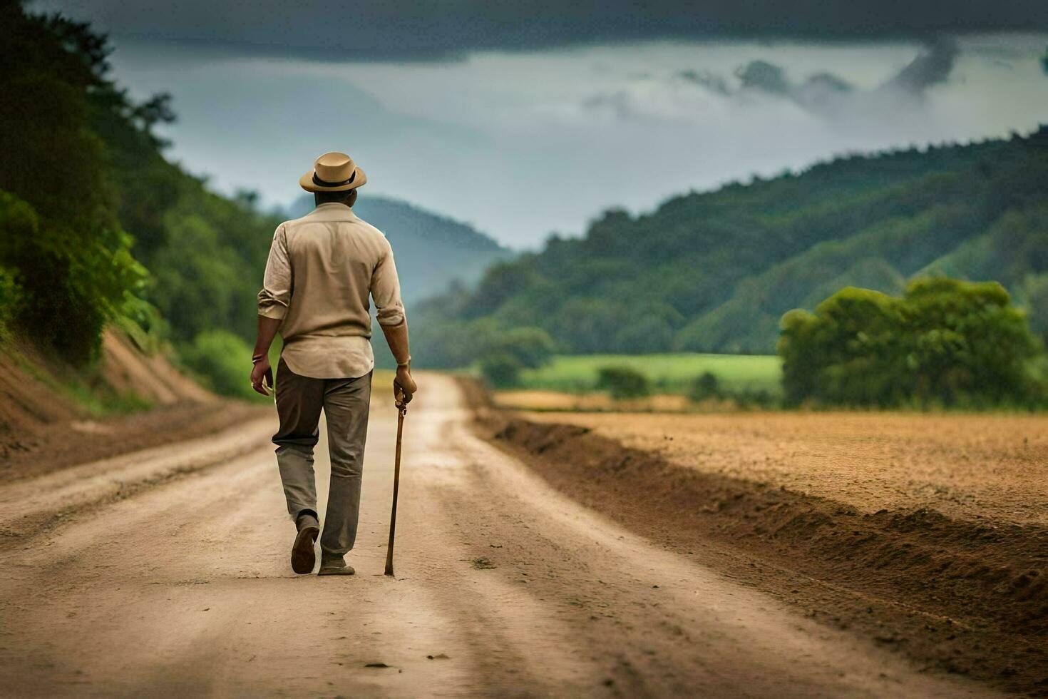 un hombre caminando abajo un suciedad la carretera con un caña. generado por ai foto