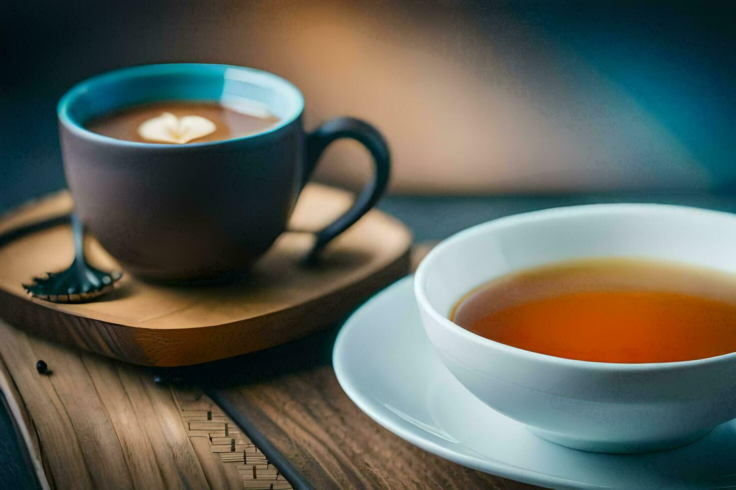a cup of tea and a cup of coffee on a wooden table. AI-Generated photo