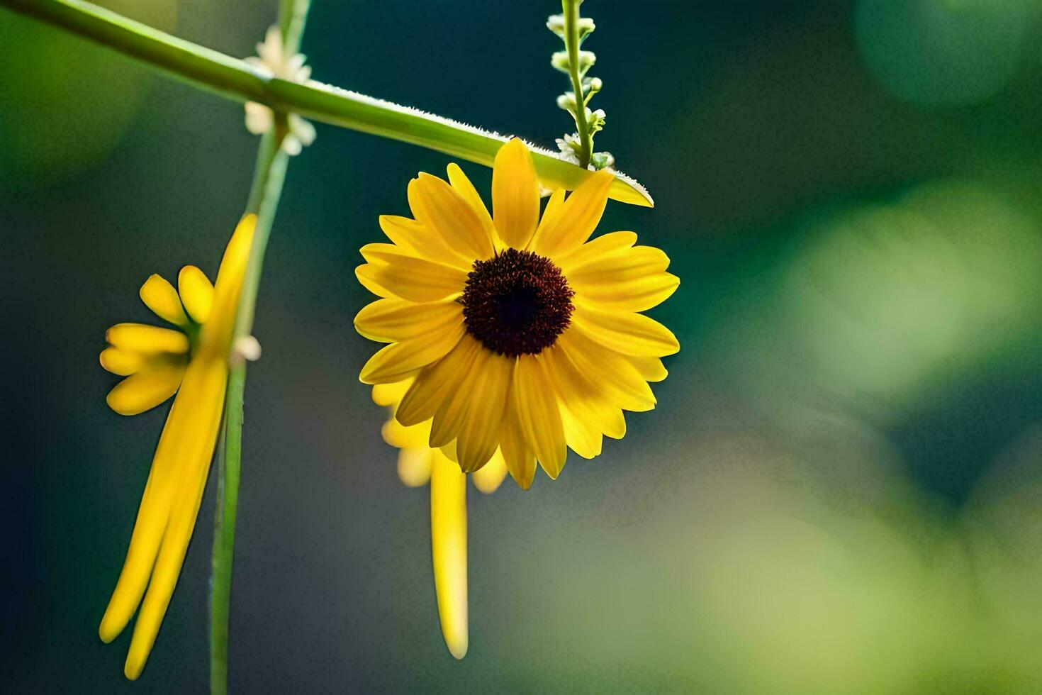 un amarillo girasol es creciente en un rama. generado por ai foto