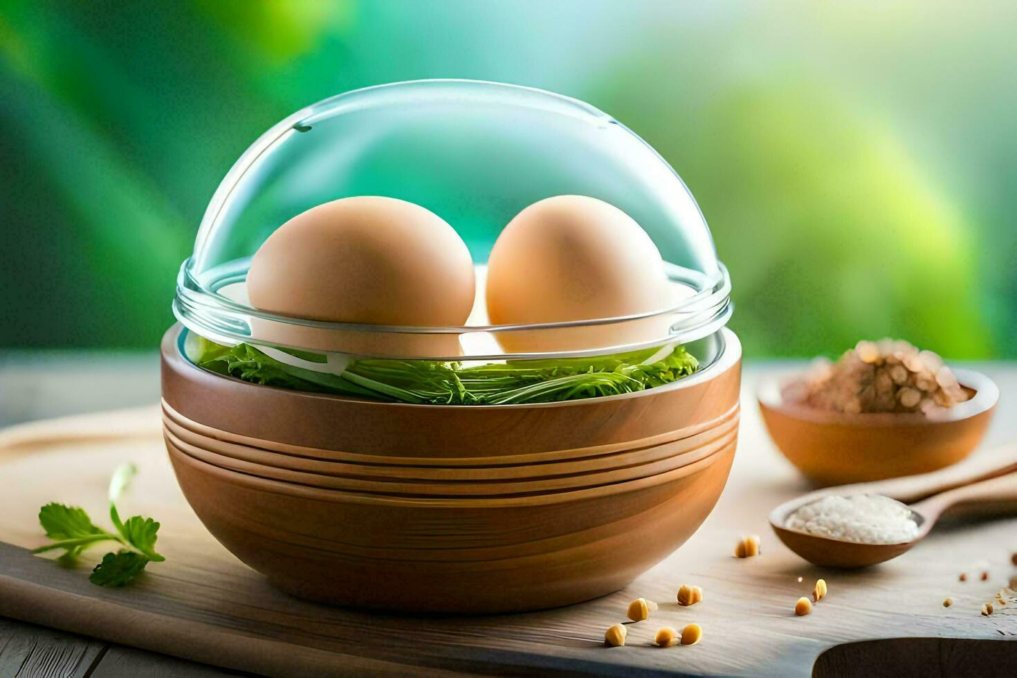two eggs in a glass container on a wooden cutting board. AI-Generated photo