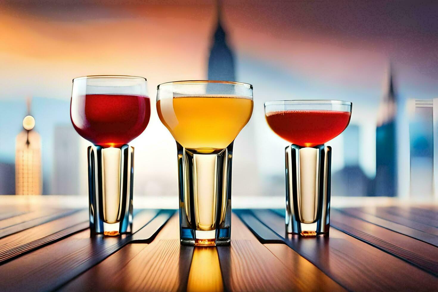 three glasses of different drinks on a table in front of a city skyline. AI-Generated photo