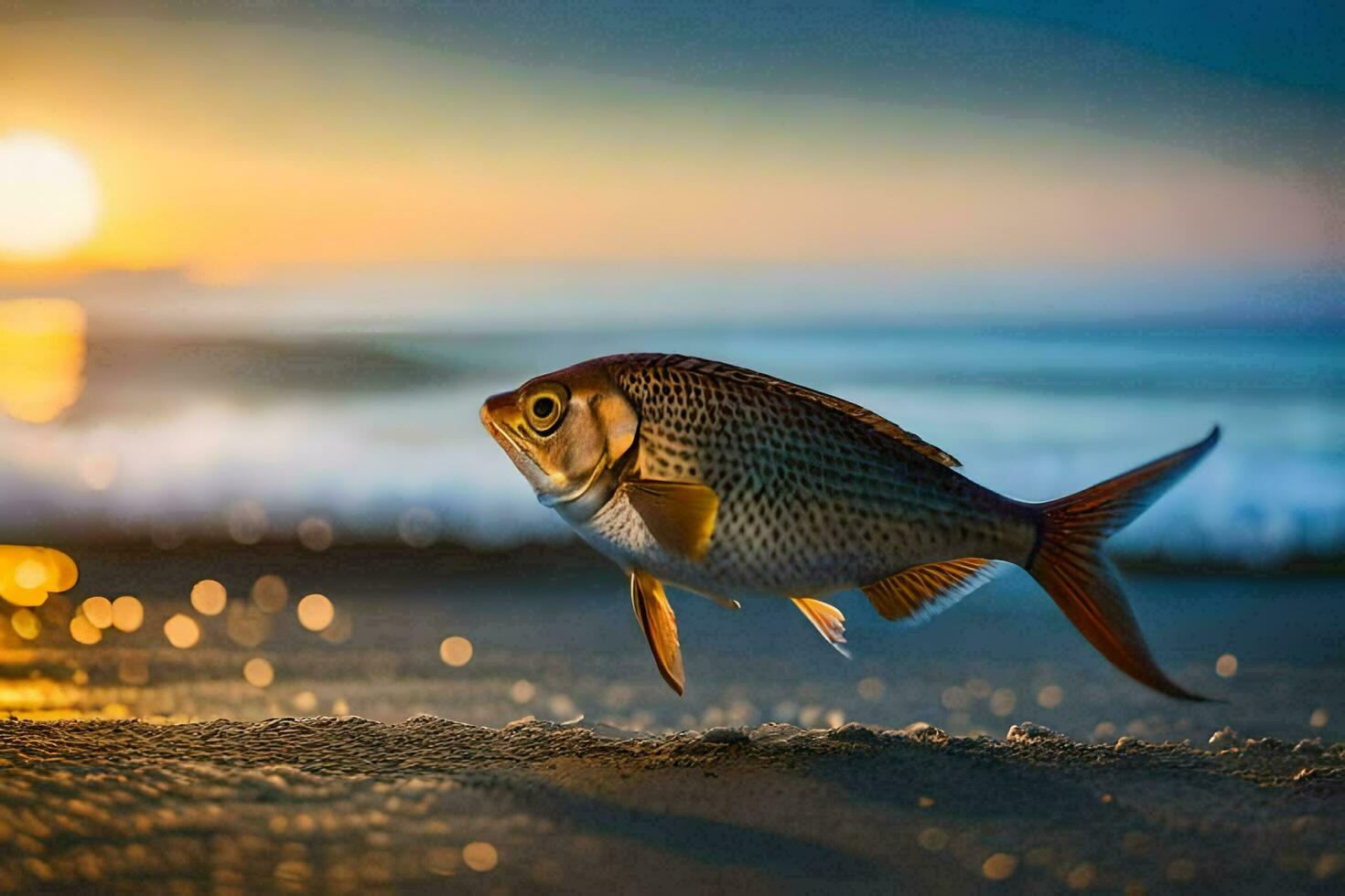 a fish is standing on the beach at sunset. AI-Generated photo