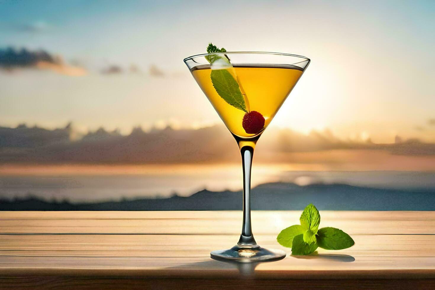 cocktail on the table with sunset in the background. AI-Generated photo