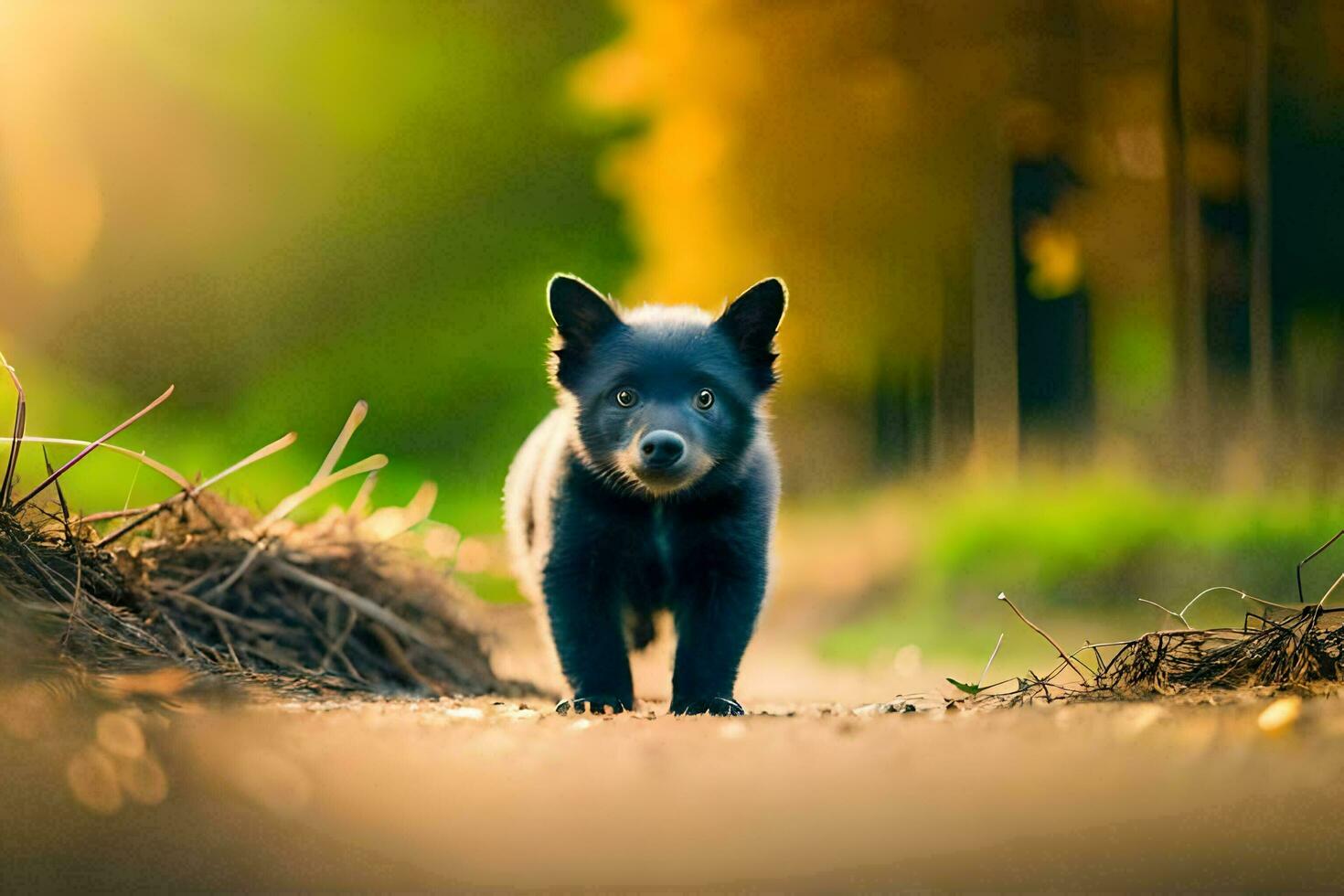 a black puppy walking on a dirt road. AI-Generated photo