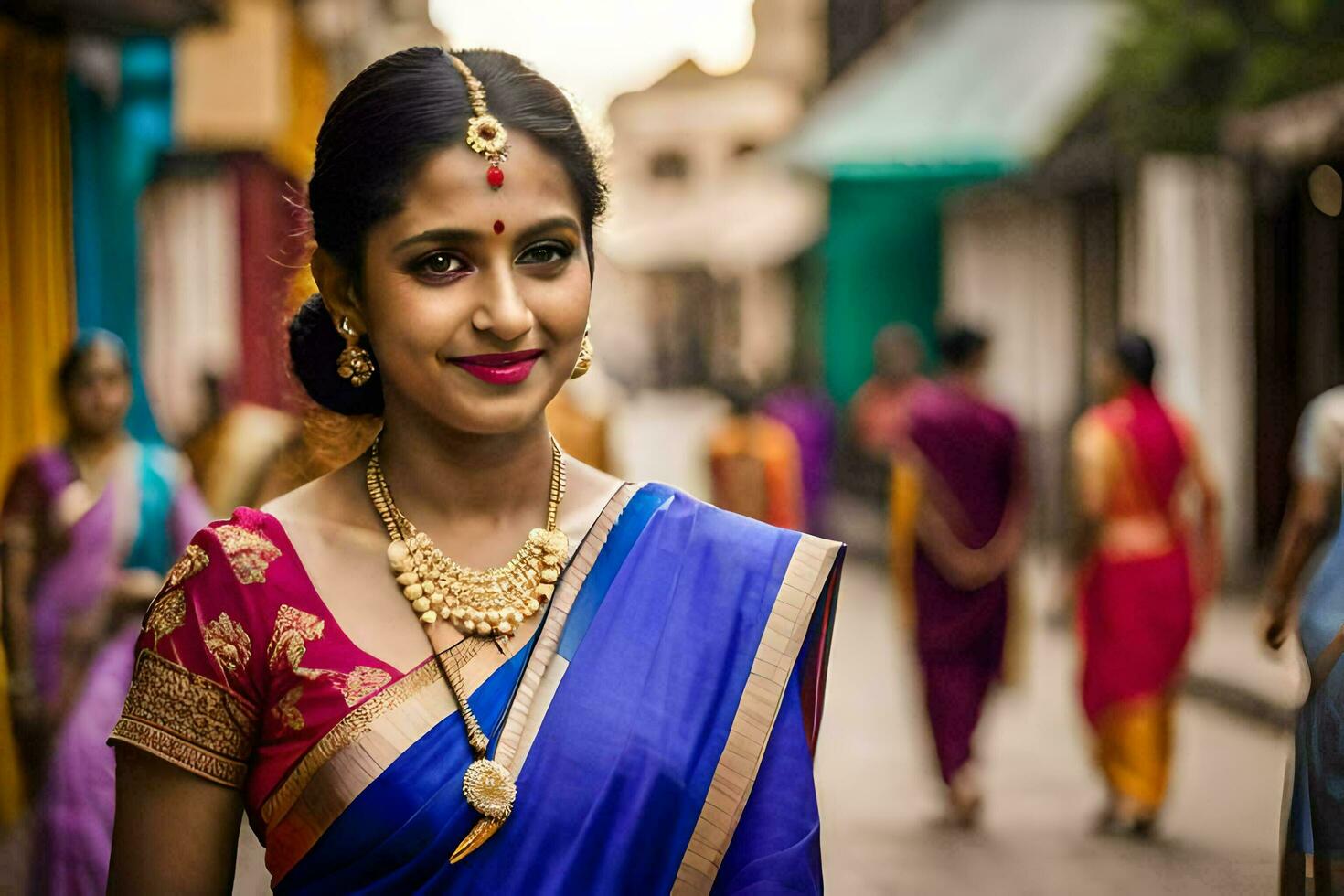 a woman in a sari is smiling for the camera. AI-Generated photo