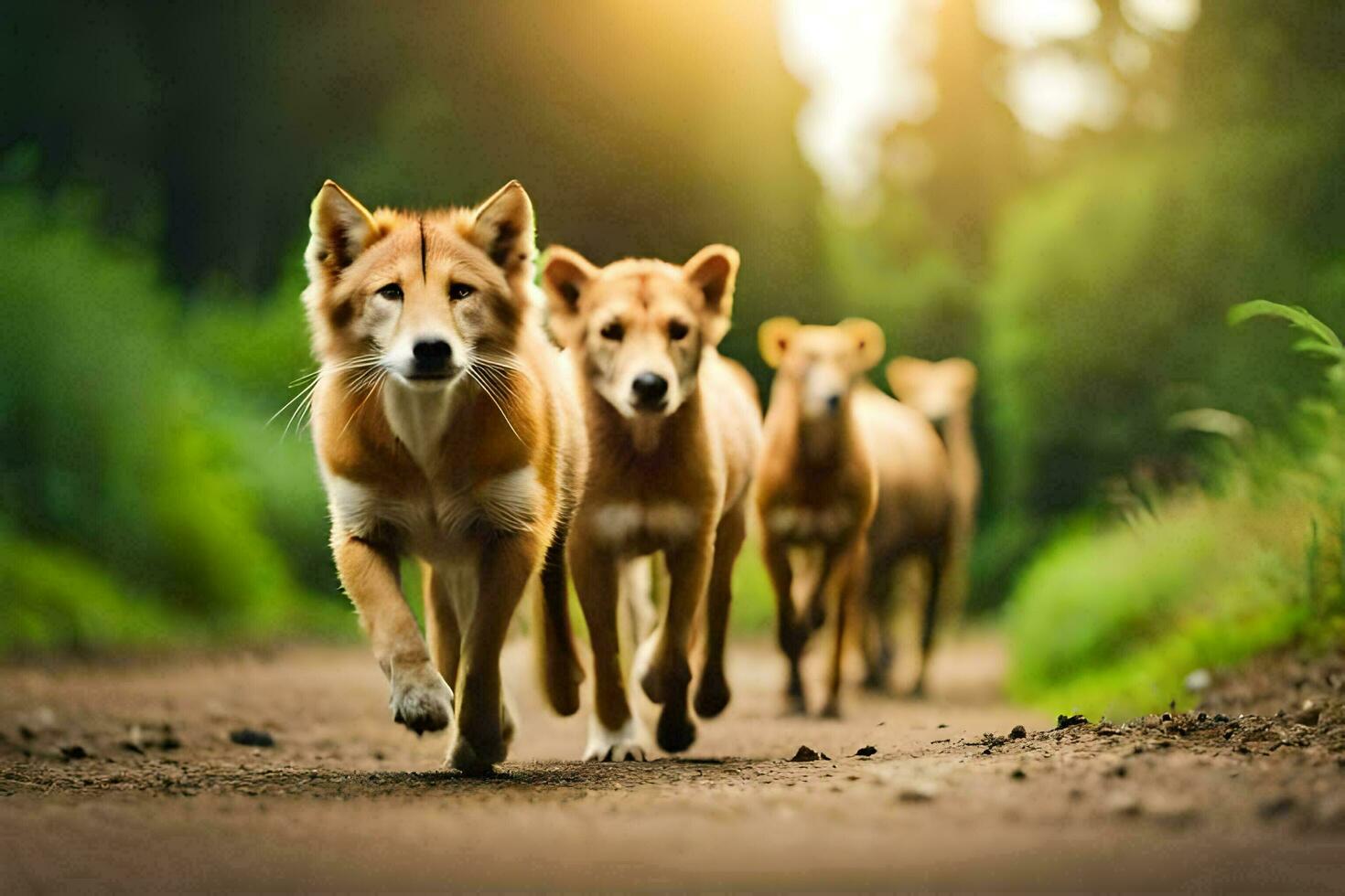 cuatro perros corriendo en un suciedad la carretera. generado por ai foto