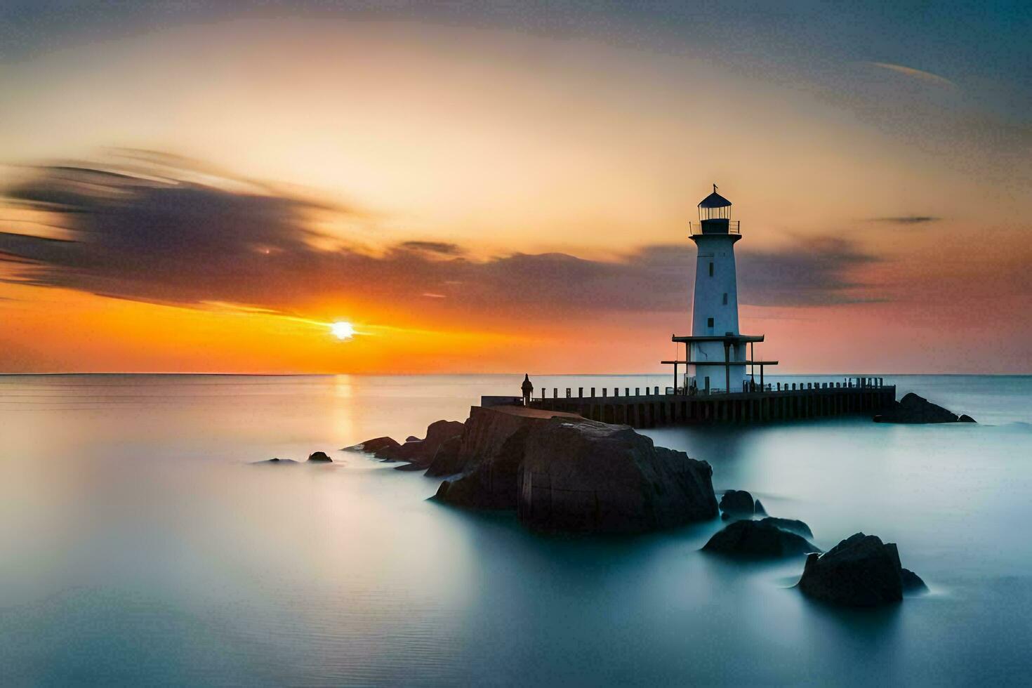 a lighthouse stands on the rocks at sunset. AI-Generated photo