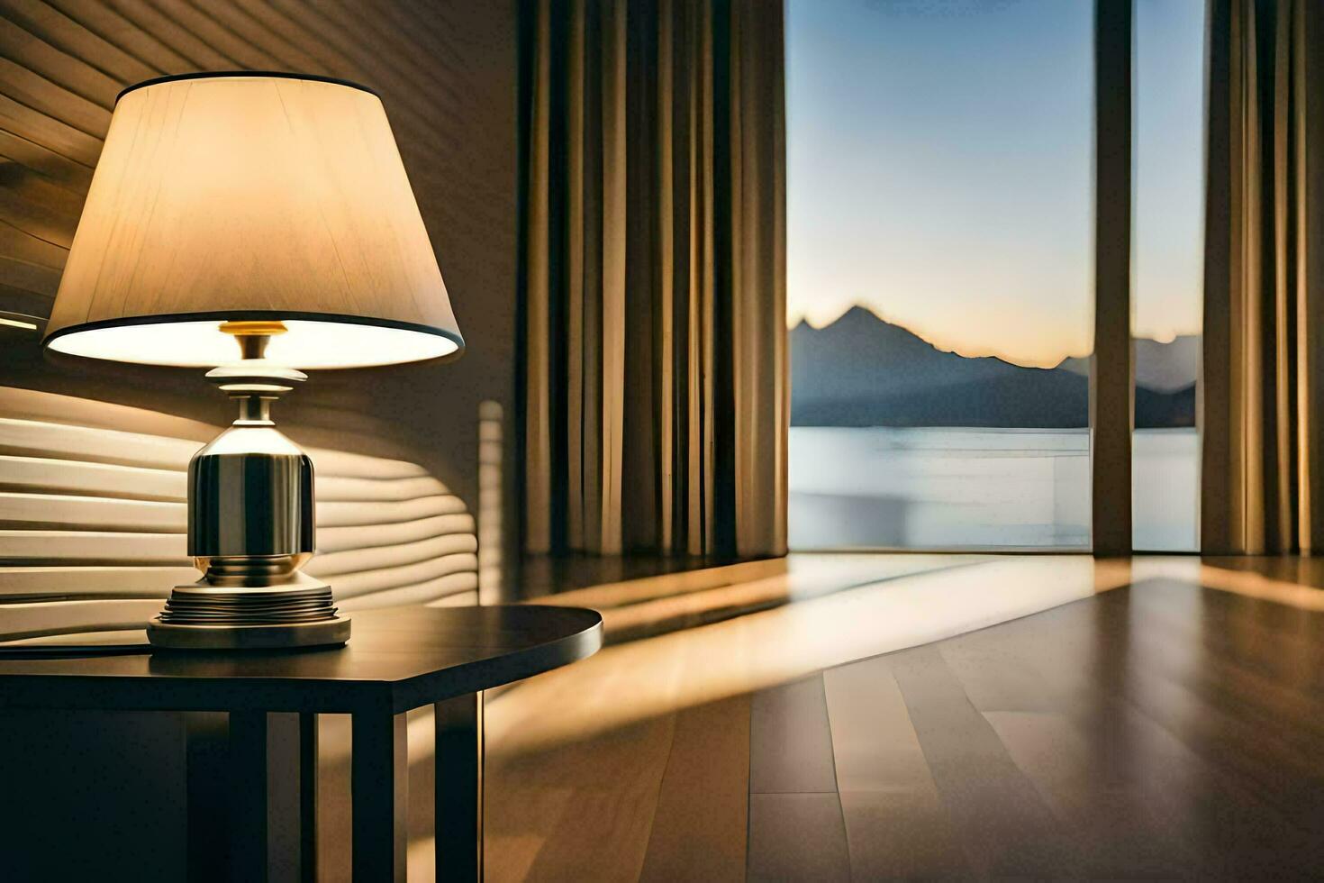 a lamp sits on a table in front of a window. AI-Generated photo