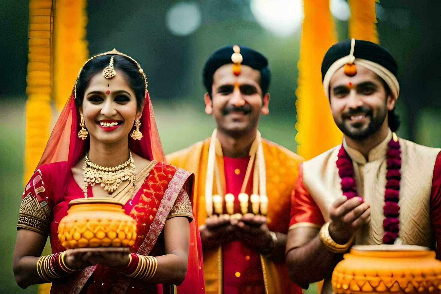 indian wedding couple holding pots. AI-Generated photo