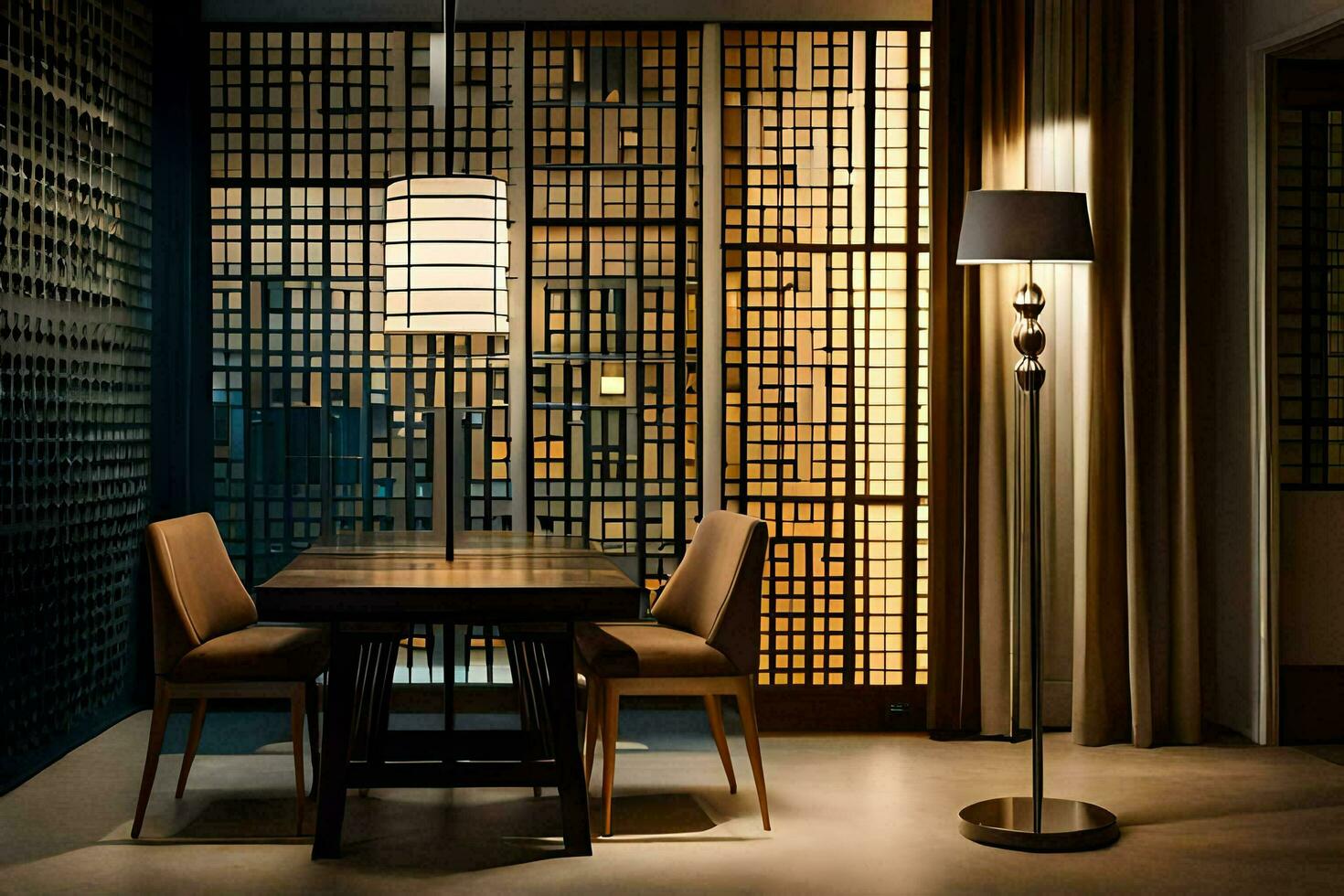a dining room with a table and chairs. AI-Generated photo