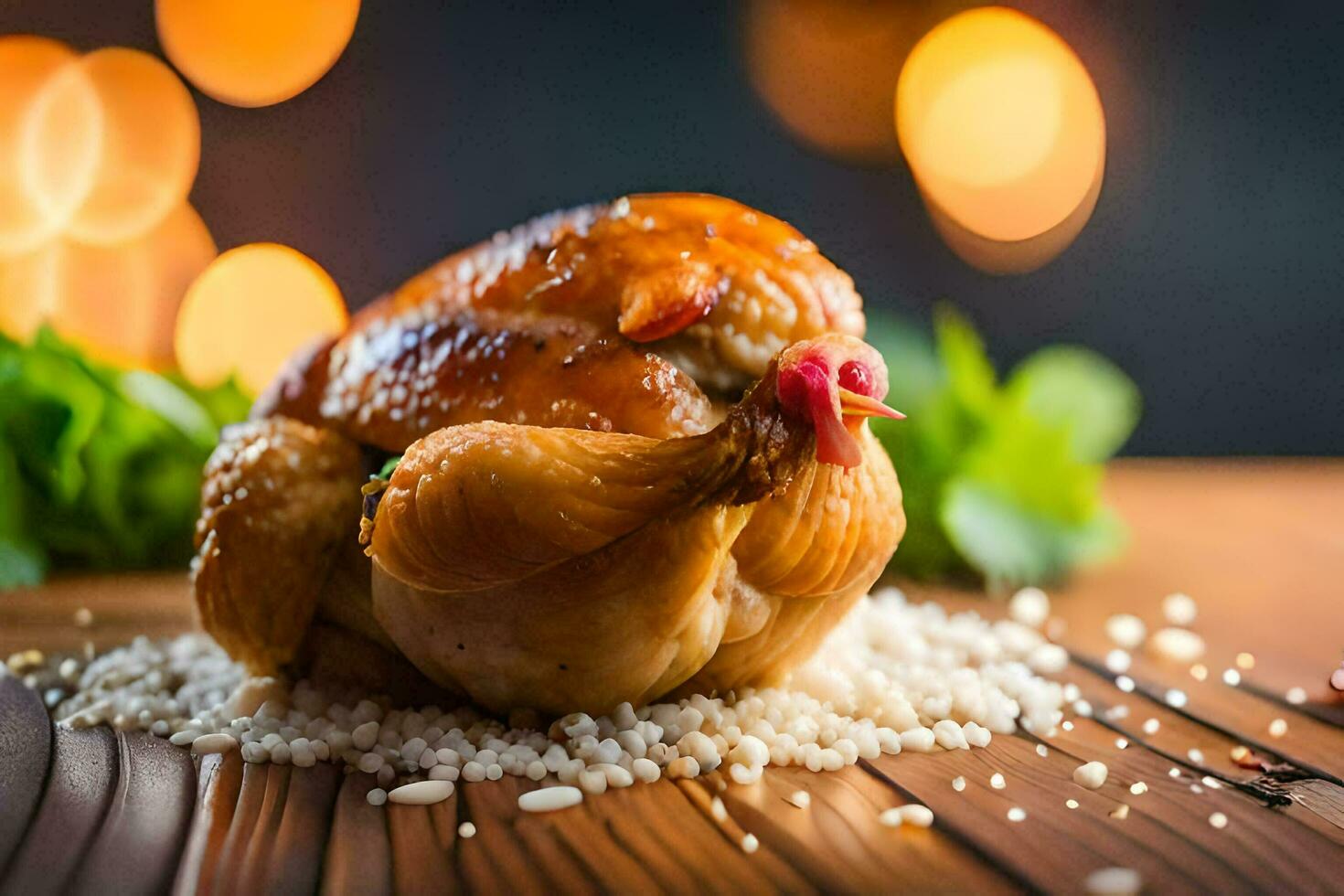 a chicken is sitting on top of rice. AI-Generated photo