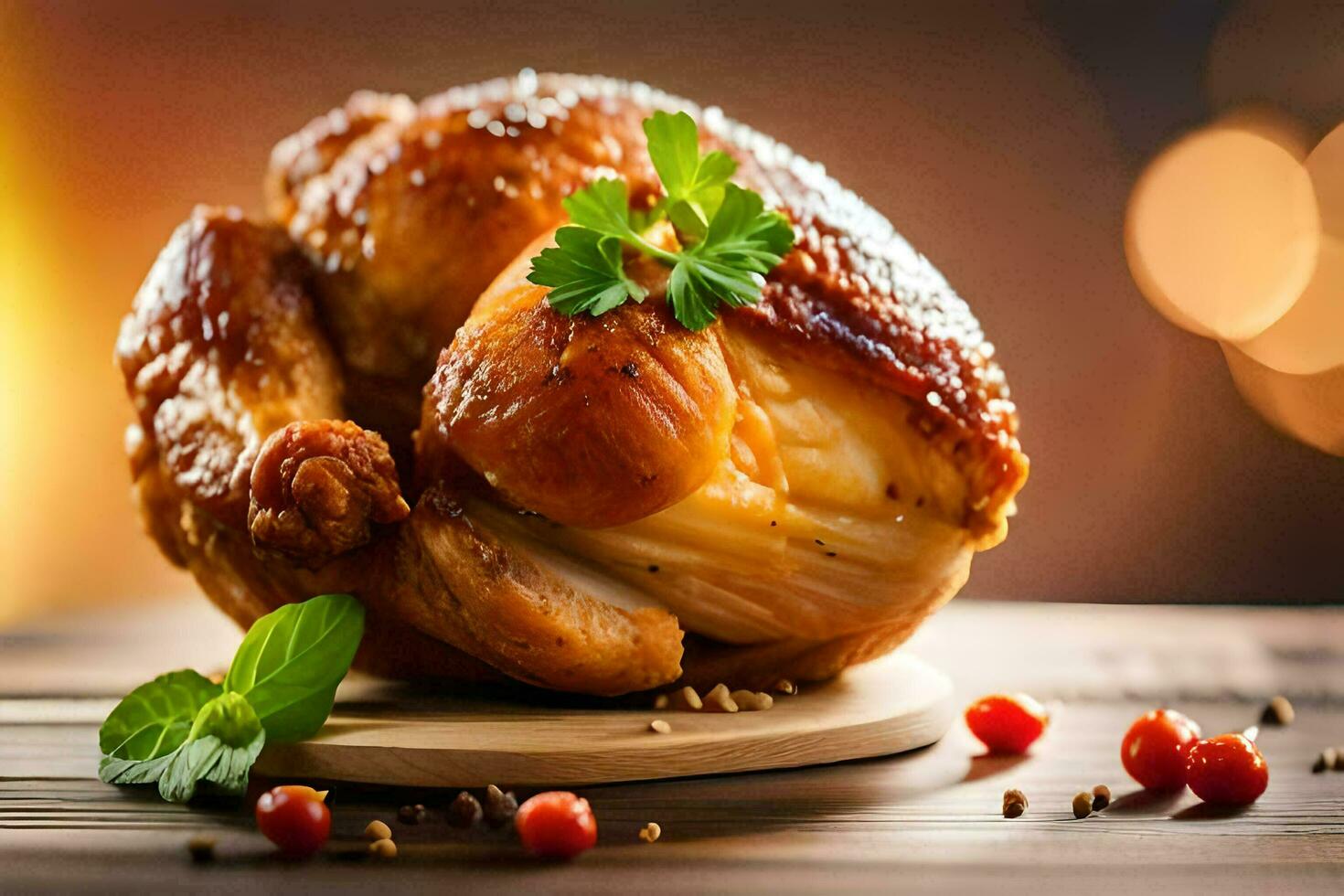 a roasted chicken on a wooden table with herbs and spices. AI-Generated photo