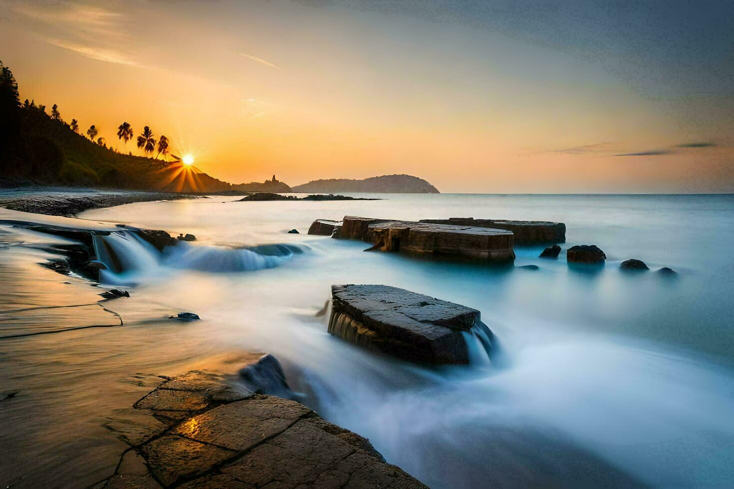 a beautiful sunset over the ocean with rocks and water. AI-Generated photo