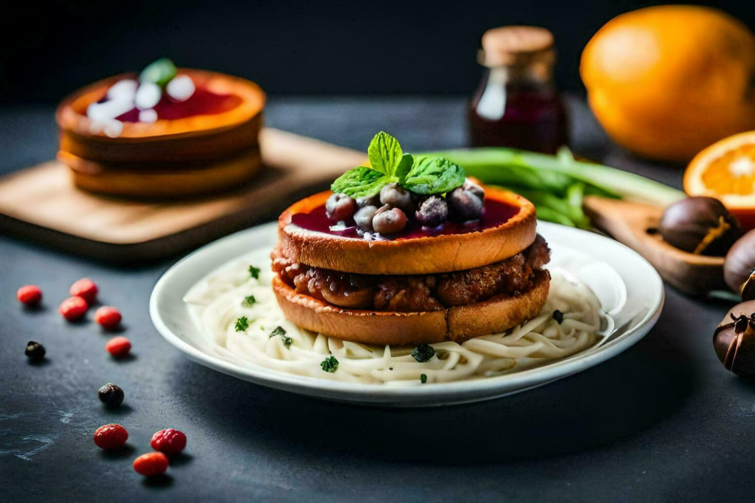 a plate with spaghetti and meatballs on it. AI-Generated photo