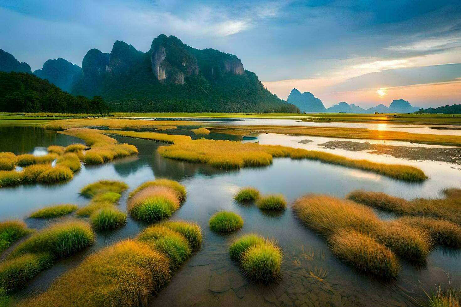 the sun sets over a marshy area with grass and rocks. AI-Generated photo