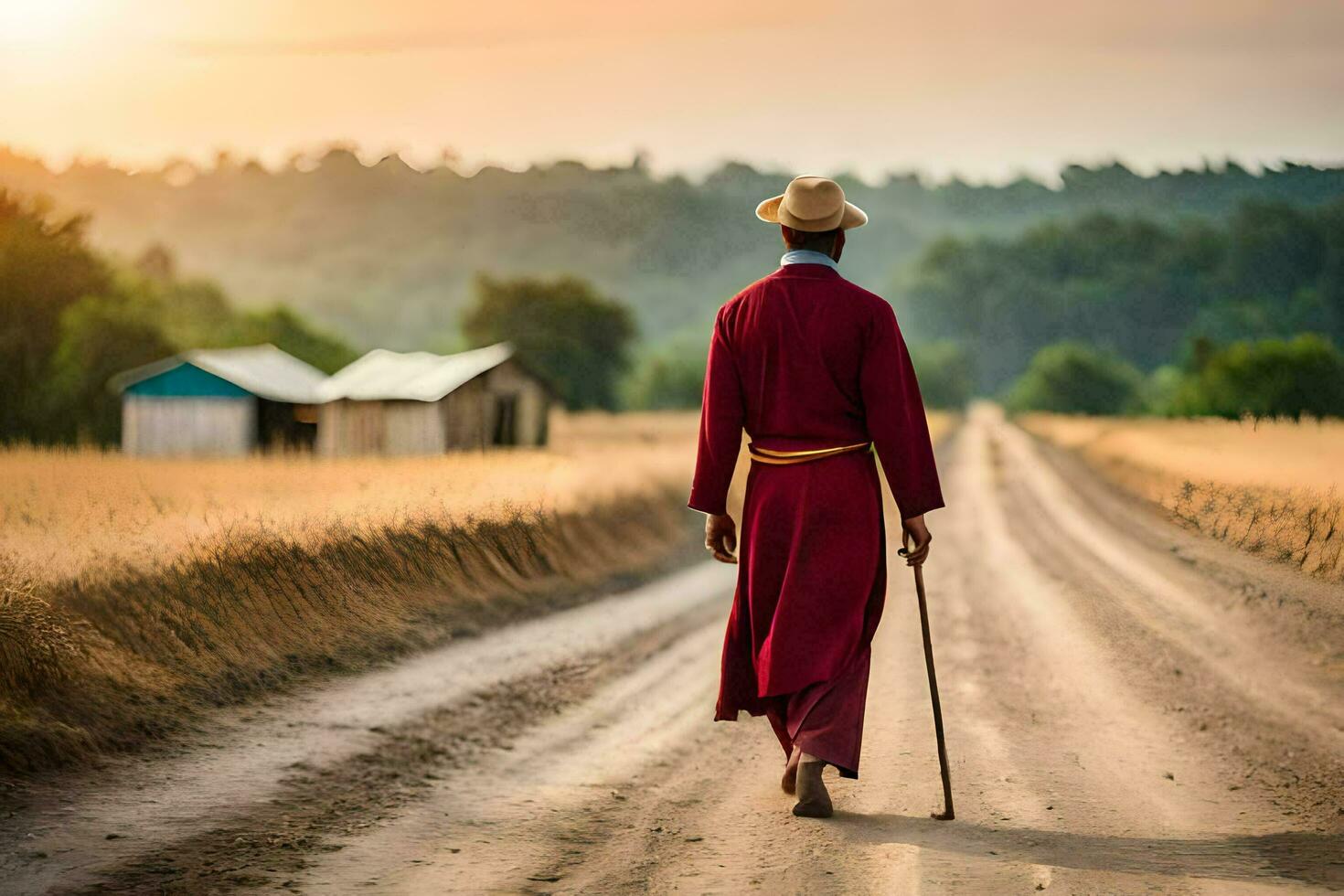 a monk walking down a dirt road. AI-Generated photo