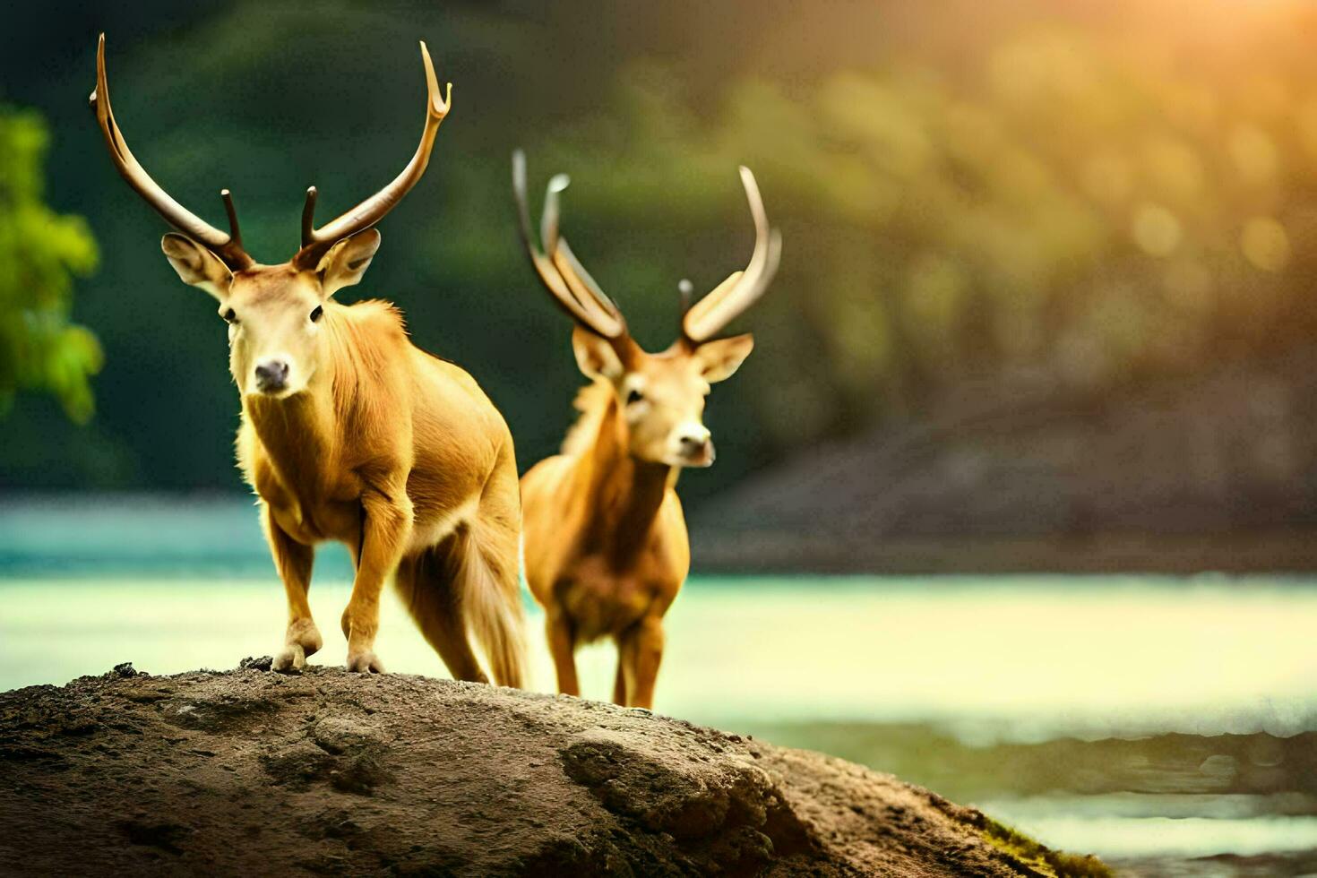 two deer standing on a rock near a river. AI-Generated photo