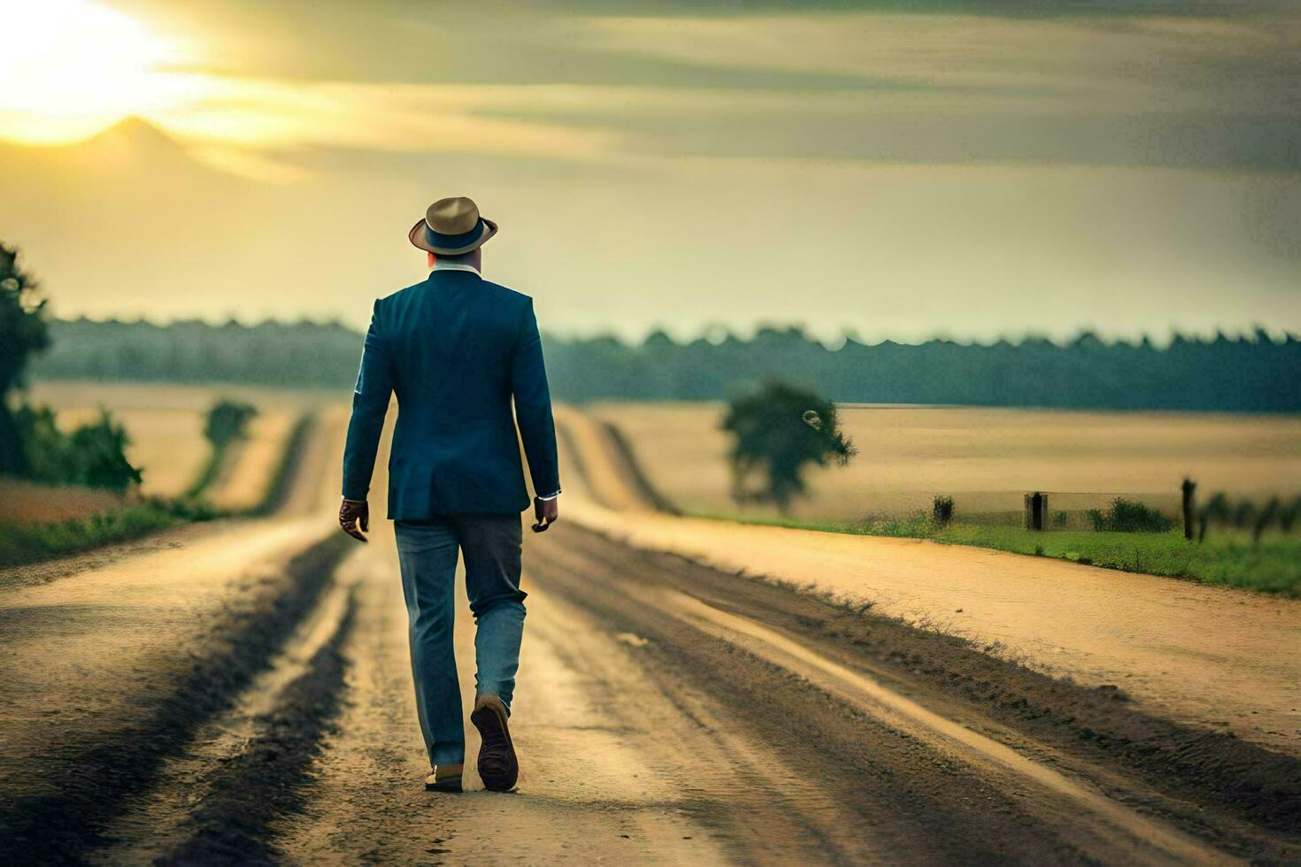 a man in a suit and hat walks down a dirt road. AI-Generated photo