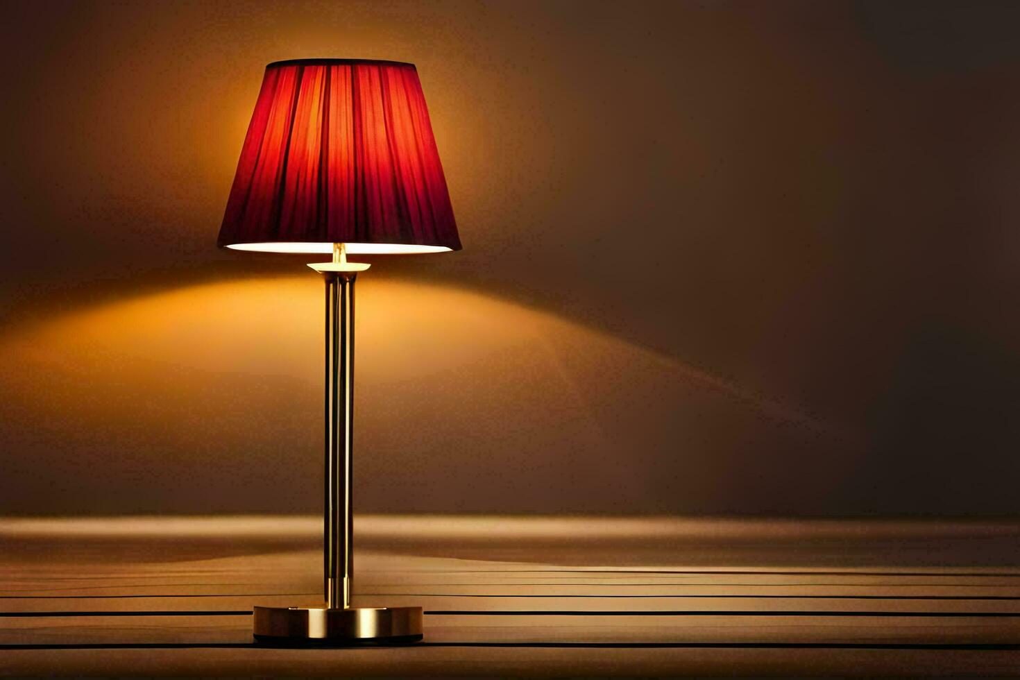 a lamp with a red shade on a wooden floor. AI-Generated photo