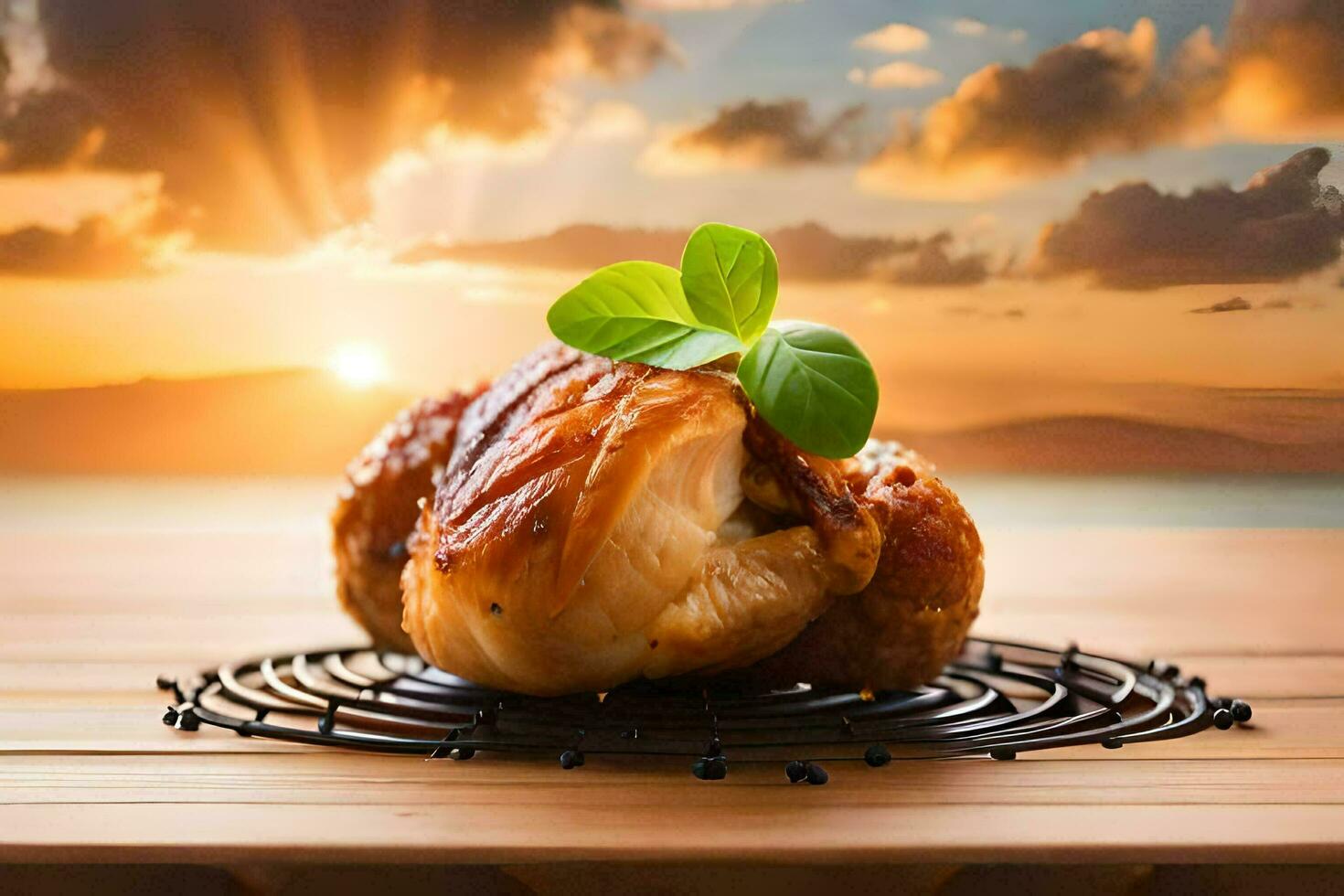 chicken on a grill with a sunset in the background. AI-Generated photo