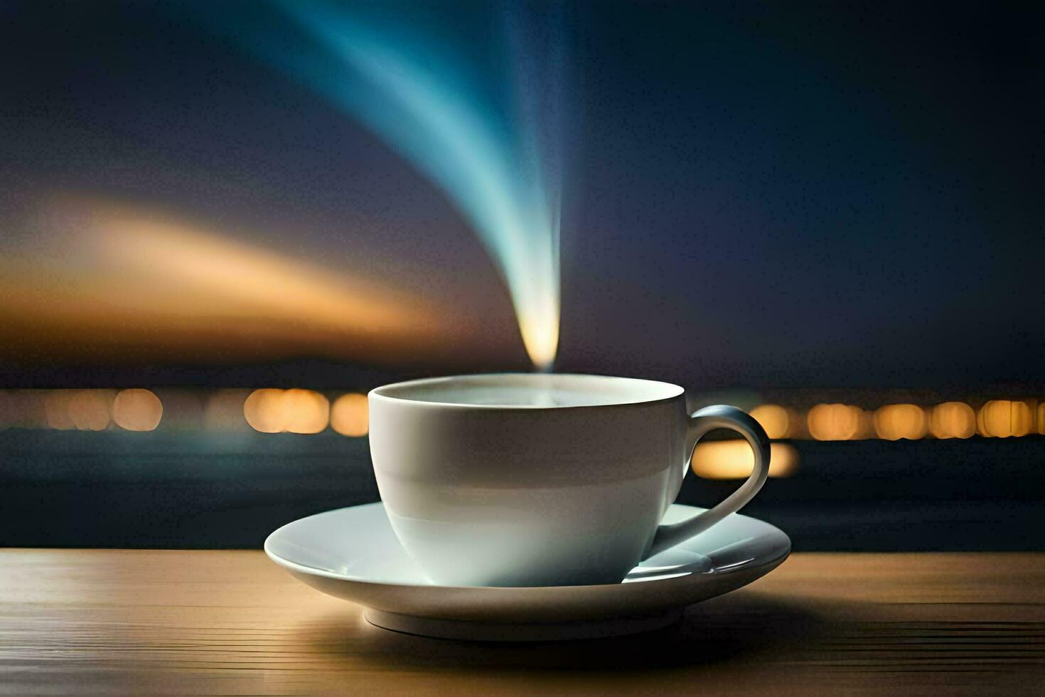 a cup of coffee on a table with a light coming from it. AI-Generated photo