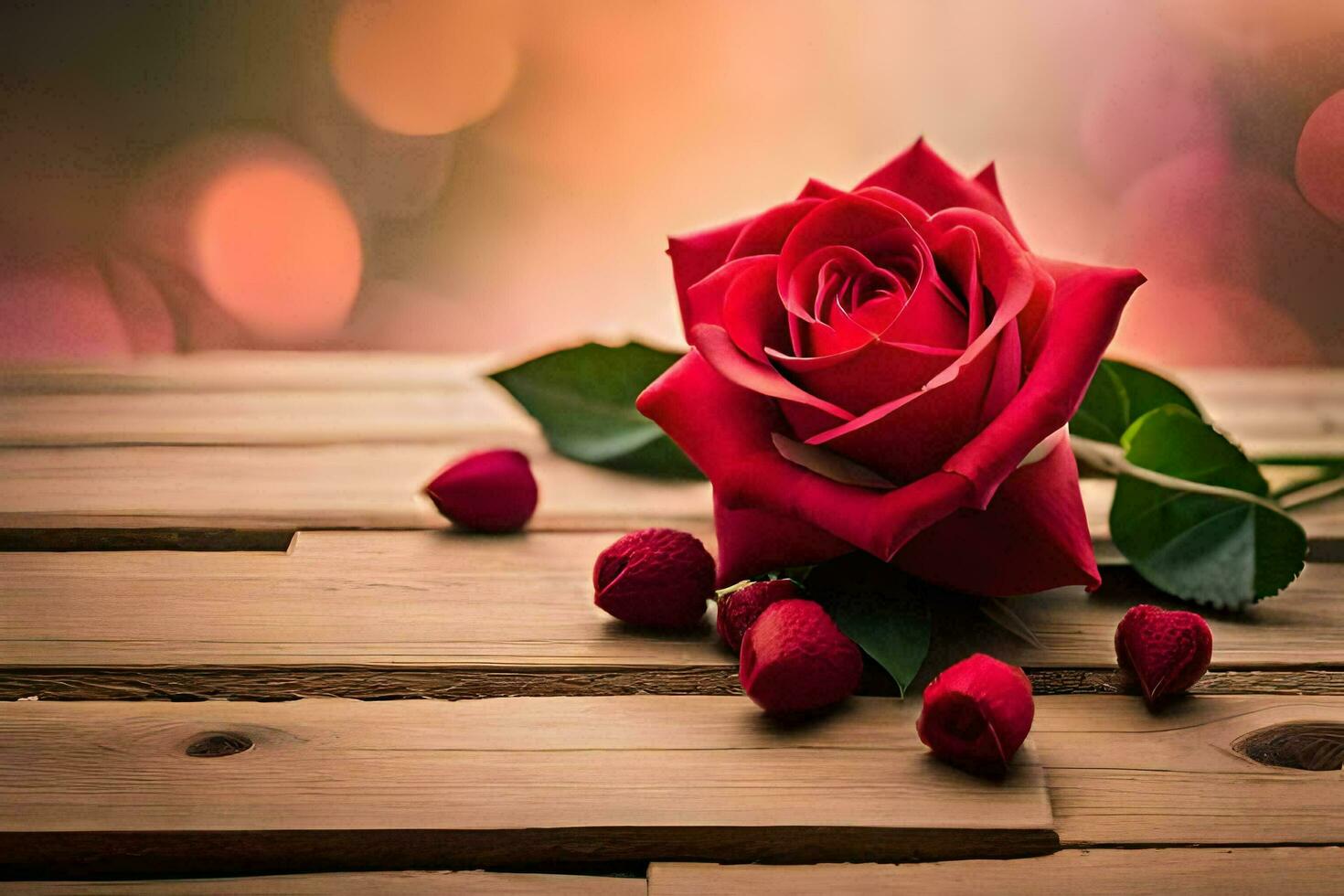 red rose on a wooden table with red berries. AI-Generated photo
