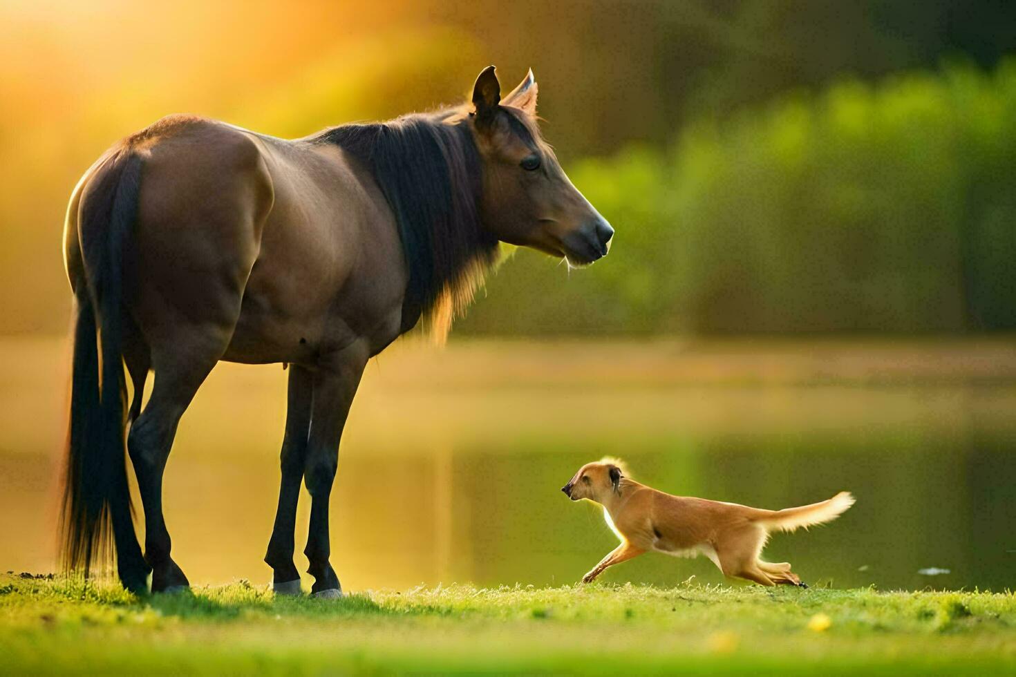 a horse and a puppy walk together in the grass. AI-Generated photo