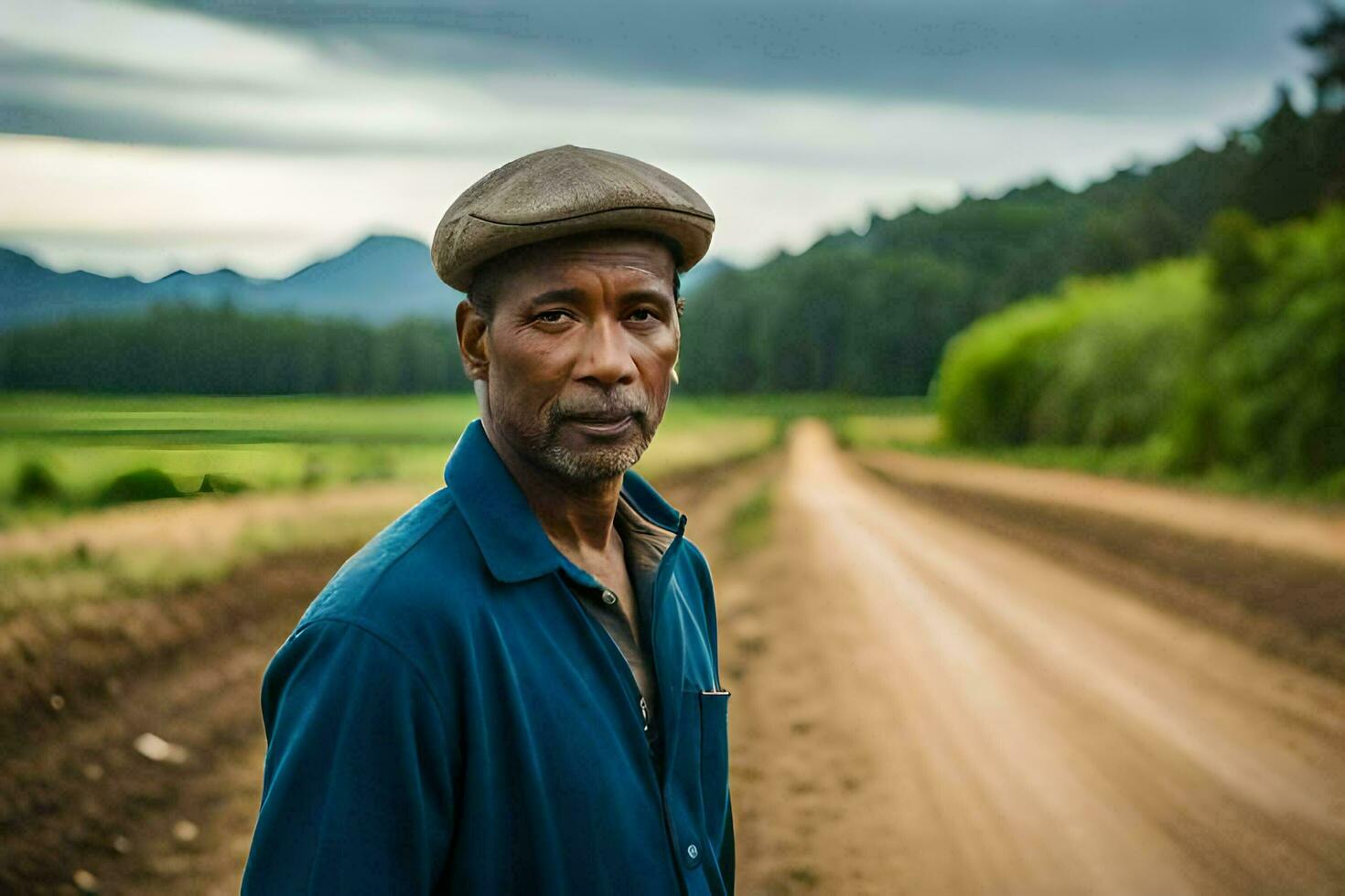 a man standing on a dirt road in front of a green field. AI-Generated photo