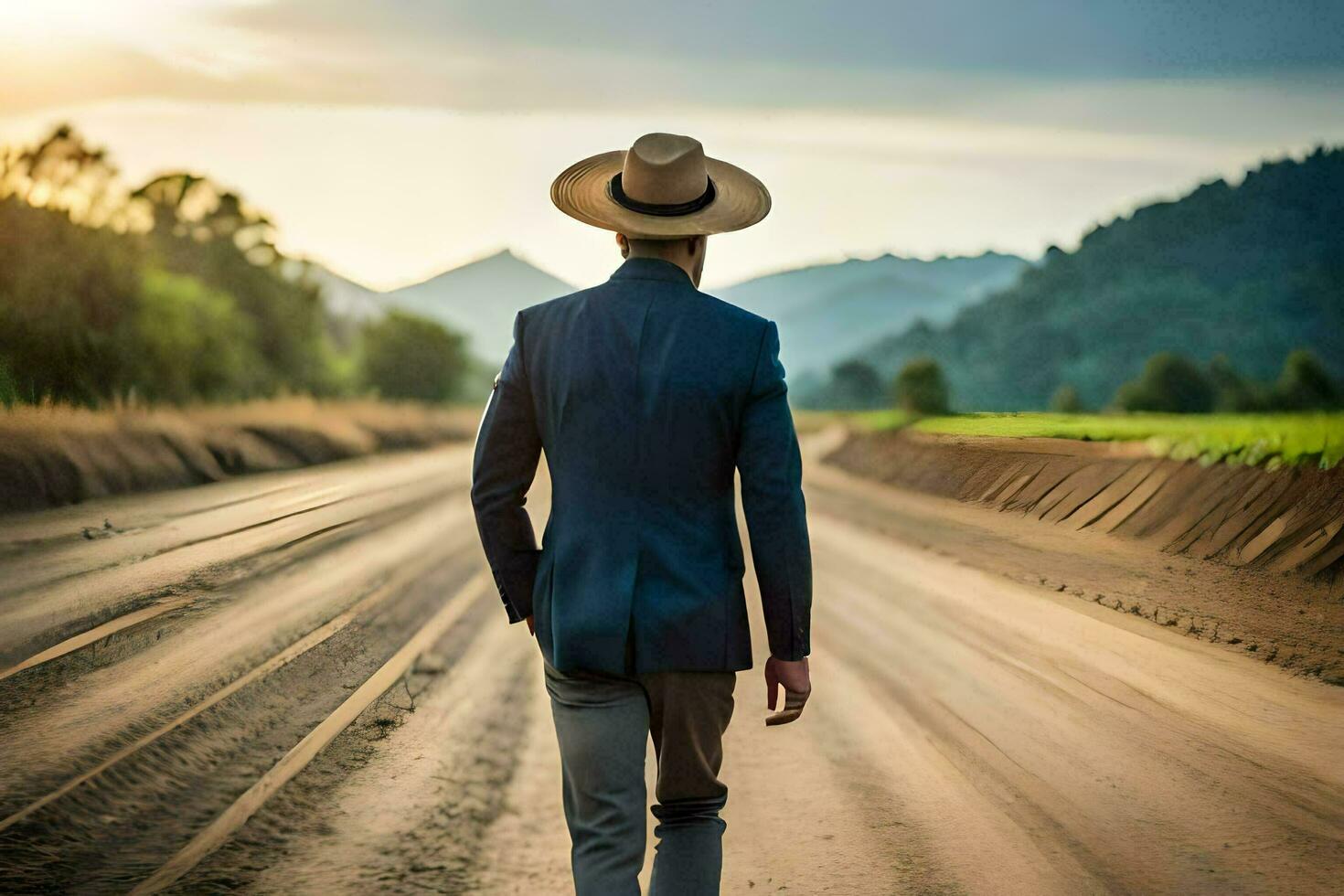 a man in a suit and hat walking down a dirt road. AI-Generated photo